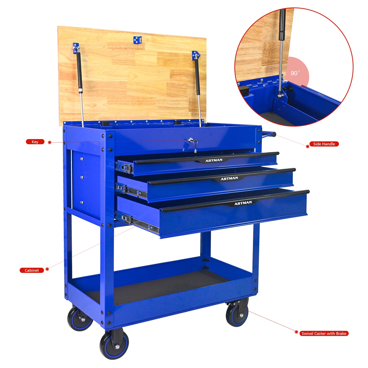 NIGSQJB 3 Drawers Tool Chest on Wheels with Wood Top