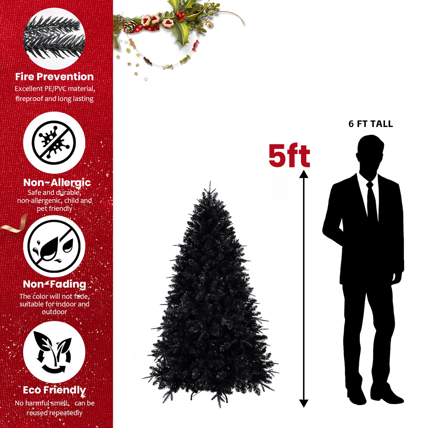 NIGSQJB 4-5-6-7-7.5-8-9ft Black Christmas Tree with White LED Lights