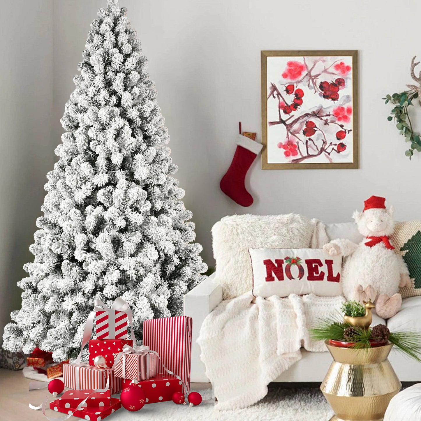 NIGSQJB 5-6-7-8-9ft Flocked Pre-Lit Christmas Tree with UL Warm White Lights & PVC Tips & Auto-Unfold Memory Wire