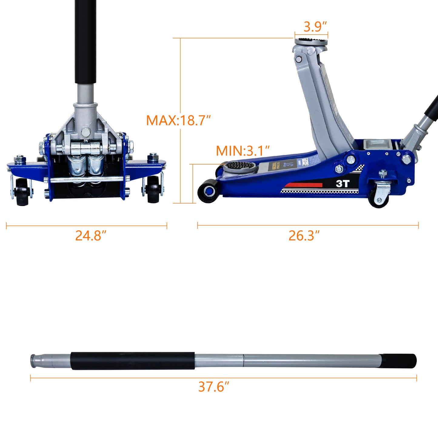 NIGSQJB 3-Ton (6600 lbs) Low-Position Steel Vehicle Floor-mounted Hydraulic Jack with Dual-piston Quick-lift Pump