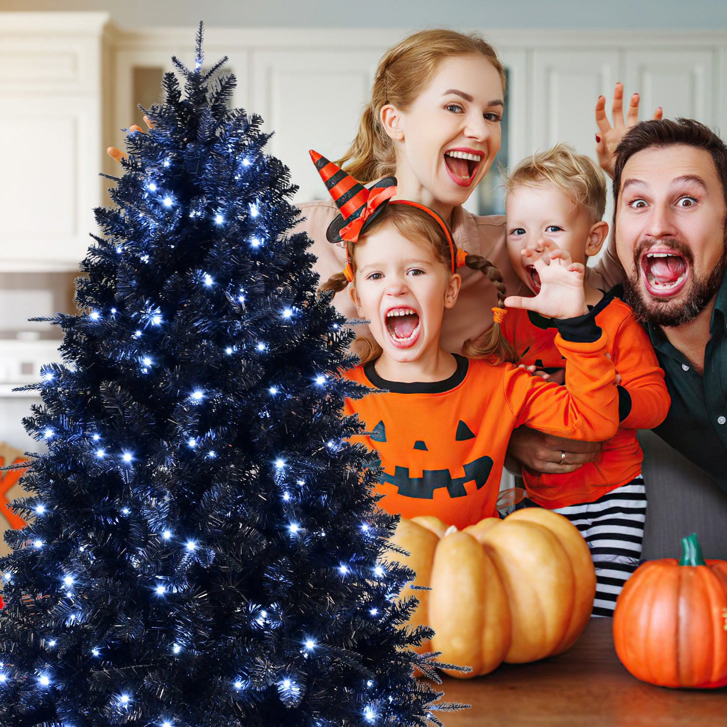 NIGSQJB 4-5-6-7-7.5-8-9ft Black Christmas Tree with White LED Lights