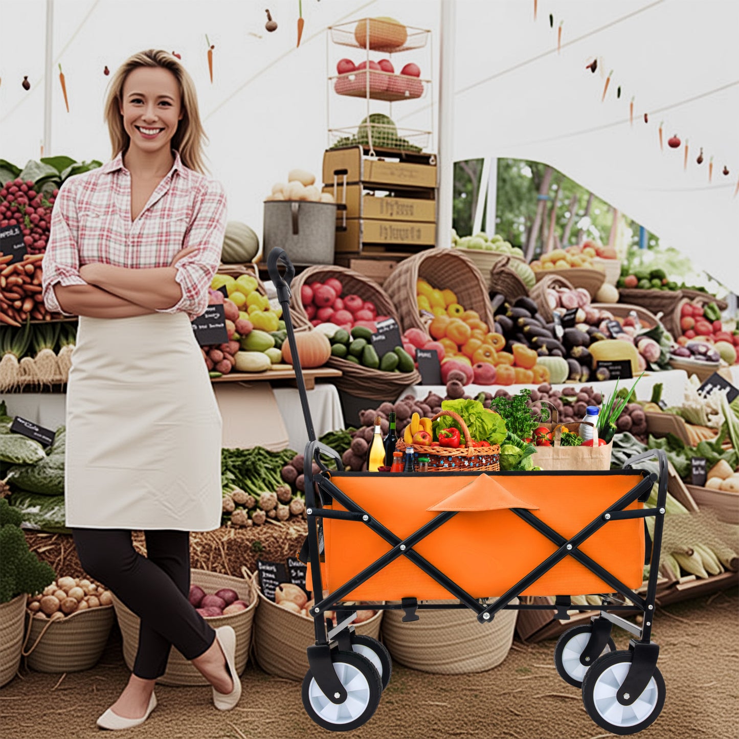 NIGSQJB Heavy Duty Utility Folding Wagon Cart Big Wheels & Adjustable Handle & Drink Holder