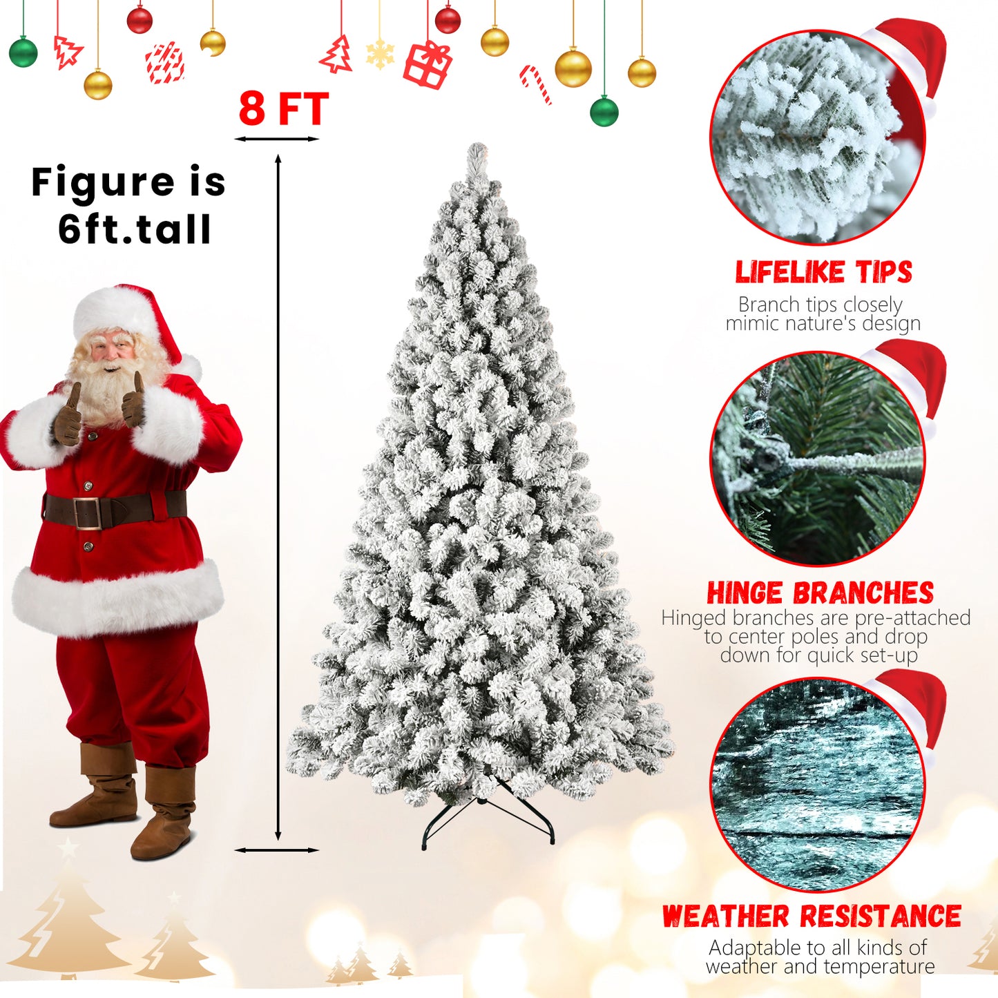 NIGSQJB 5-6-7-8-9ft Flocked Pre-Lit Christmas Tree with UL Warm White Lights & PVC Tips & Auto-Unfold Memory Wire