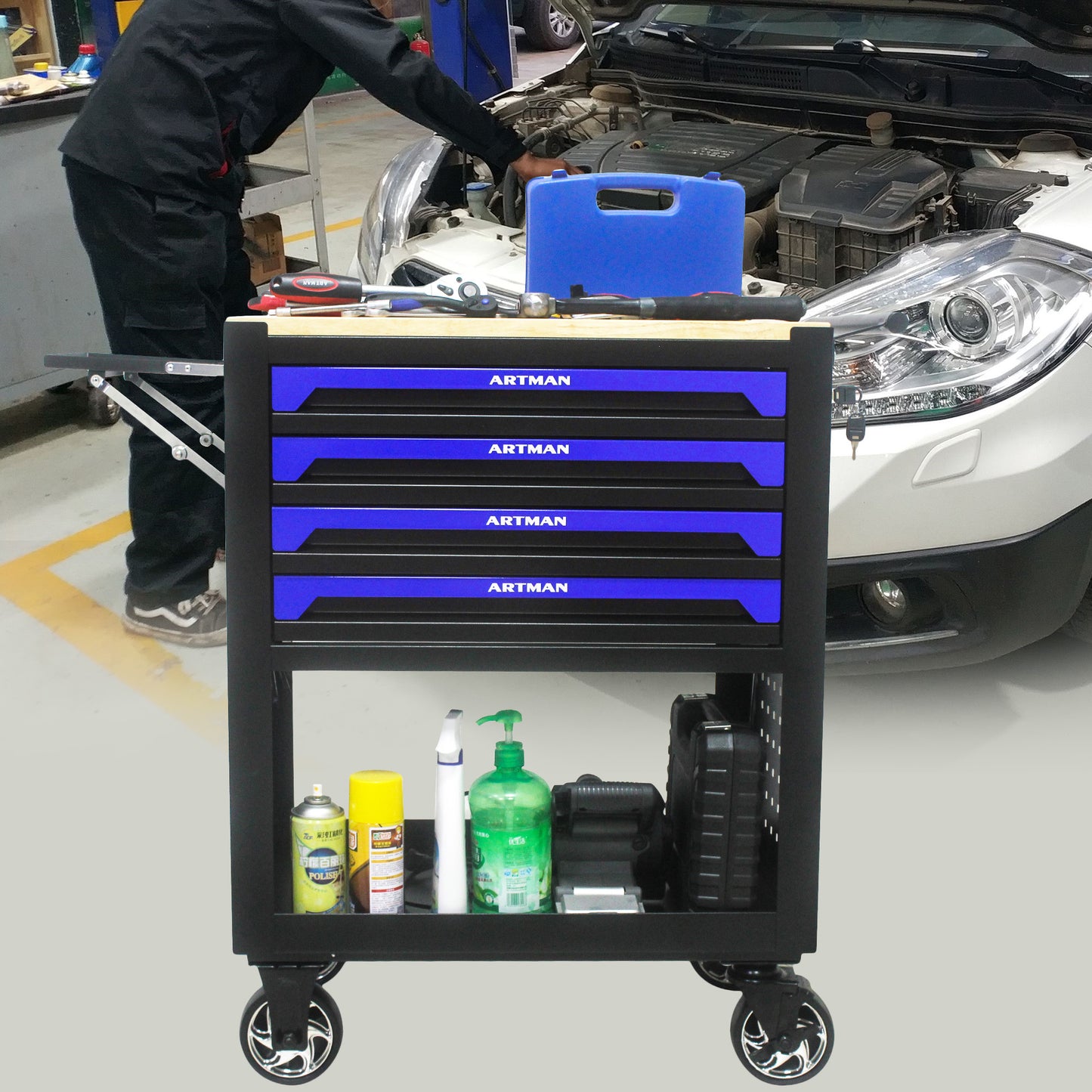 NIGSQJB 35.4"H Tool Chest Cart on Wheels w/ 4 Drawers,Wooden Top