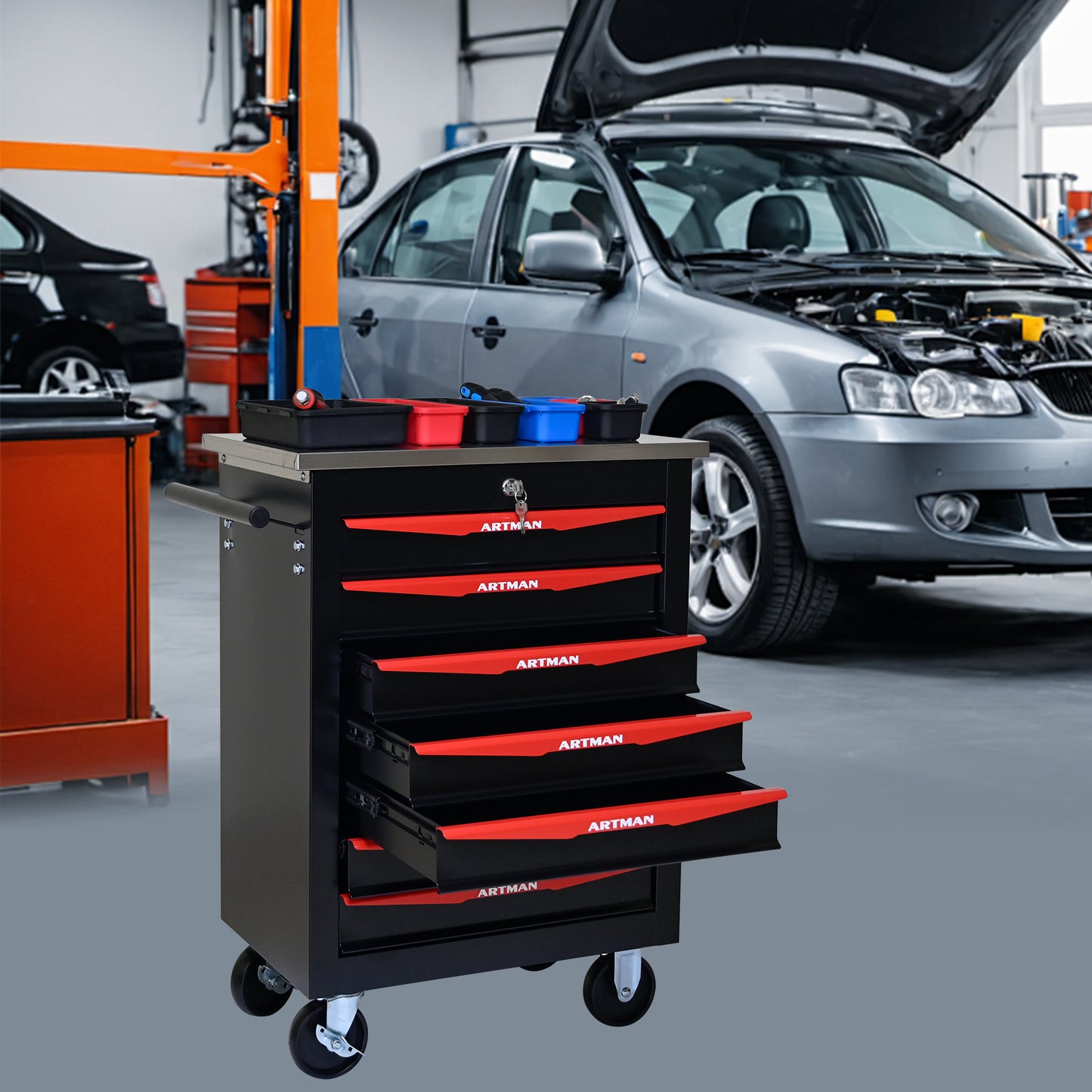 NIGSQJB 30.7"H Rolling Tool Chest with 2-4-5-6-7 Drawers, Black Red
