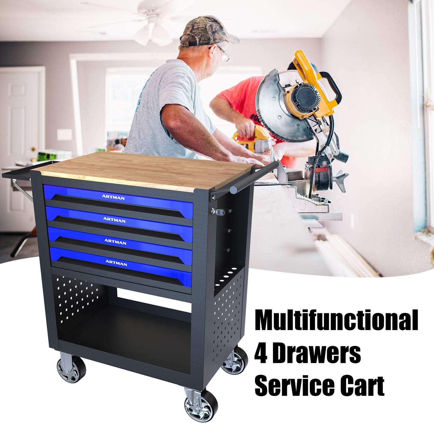 NIGSQJB 35.4"H Tool Chest Cart on Wheels w/ 4 Drawers,Wooden Top