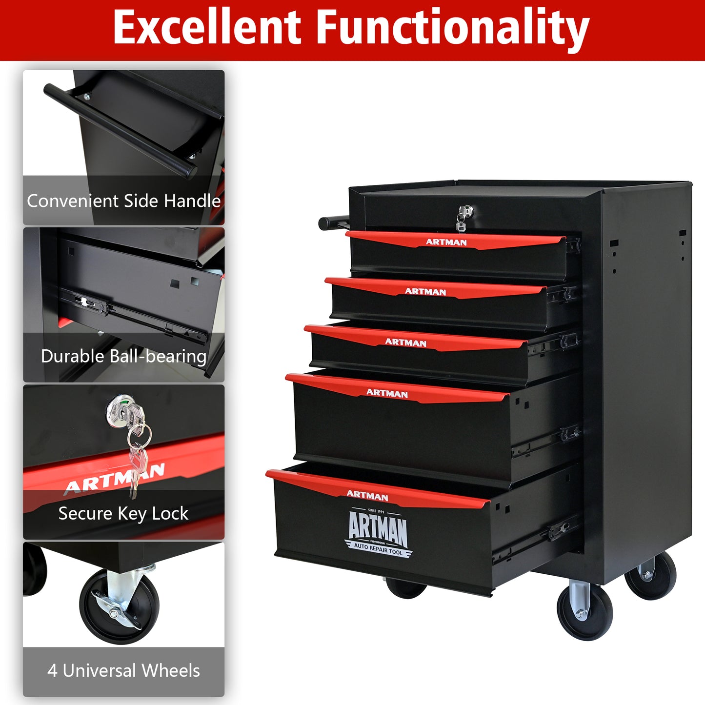 NIGSQJB 30.5"H Rolling Tool Chest with 4-5-6-7 Drawers, Black Red