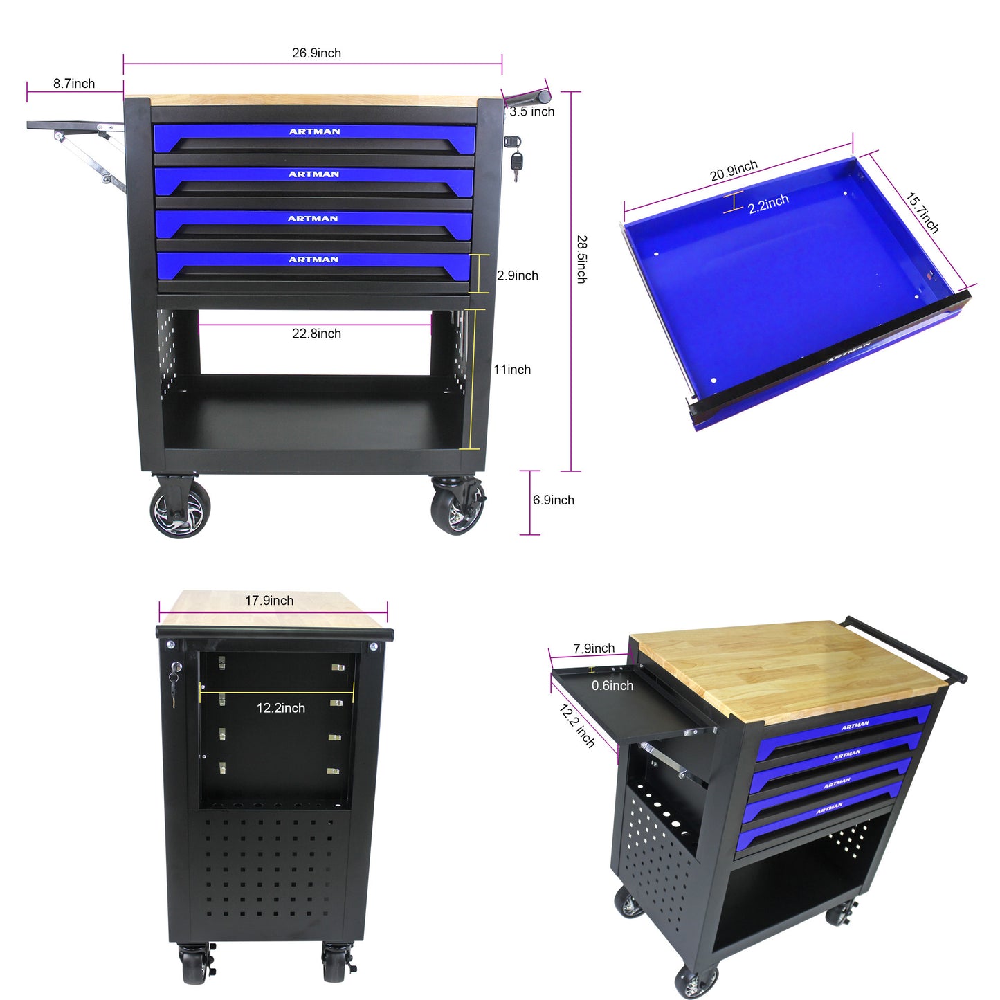 NIGSQJB 35.4"H Tool Chest Cart on Wheels w/ 4 Drawers,Wooden Top