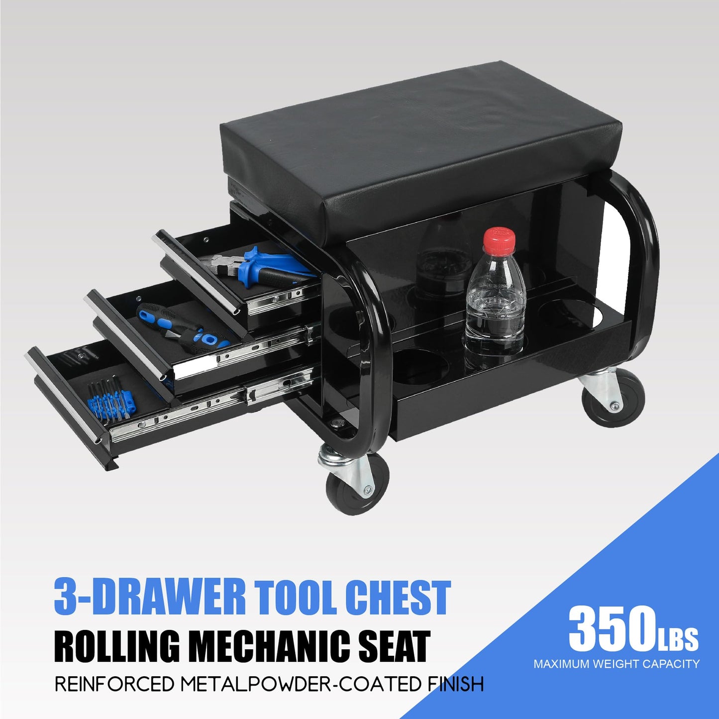 NIGSQJB 3 Drawers Tool Chest Rolling Mechanic Seat 350lbs Capacity