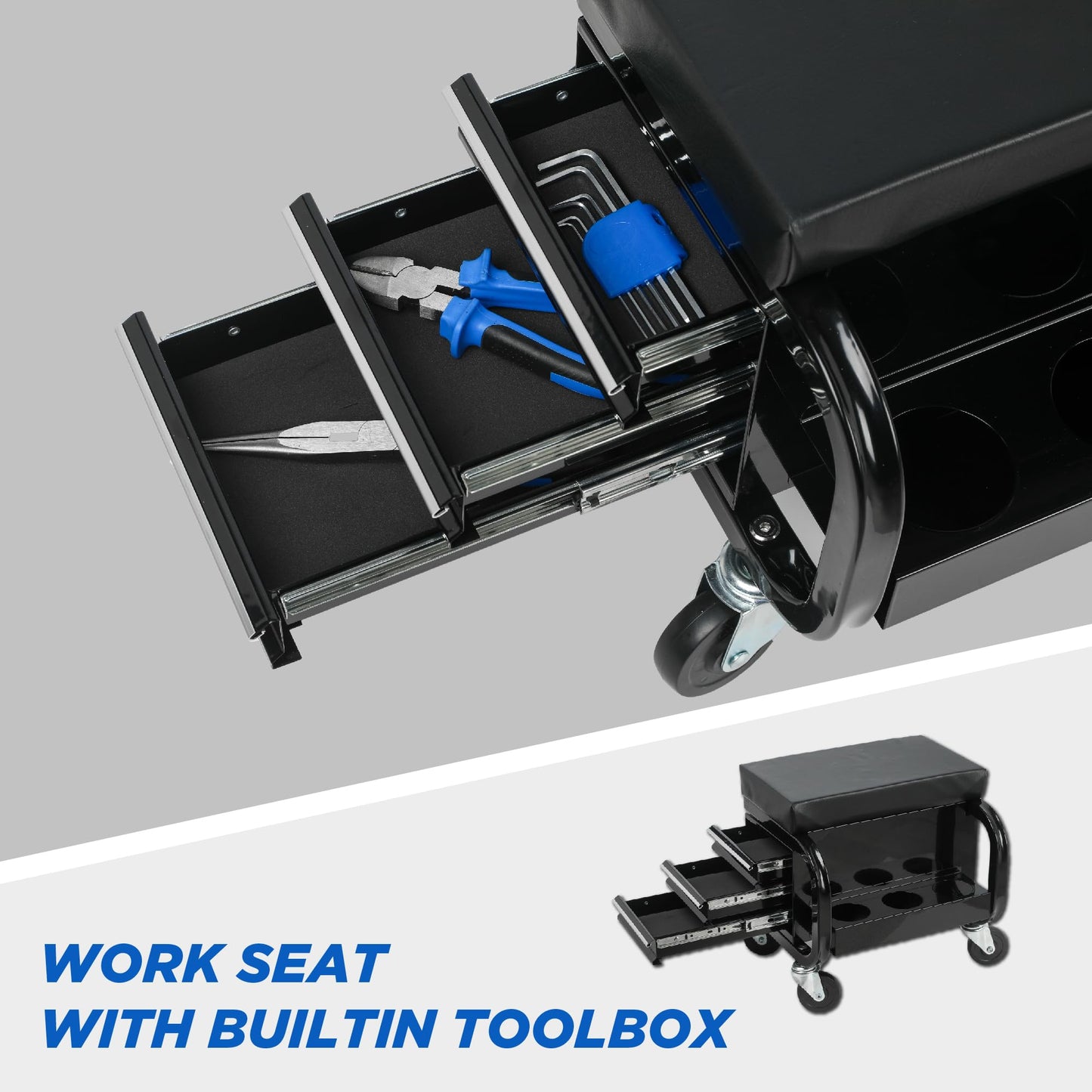 NIGSQJB 3 Drawers Tool Chest Rolling Mechanic Seat 350lbs Capacity