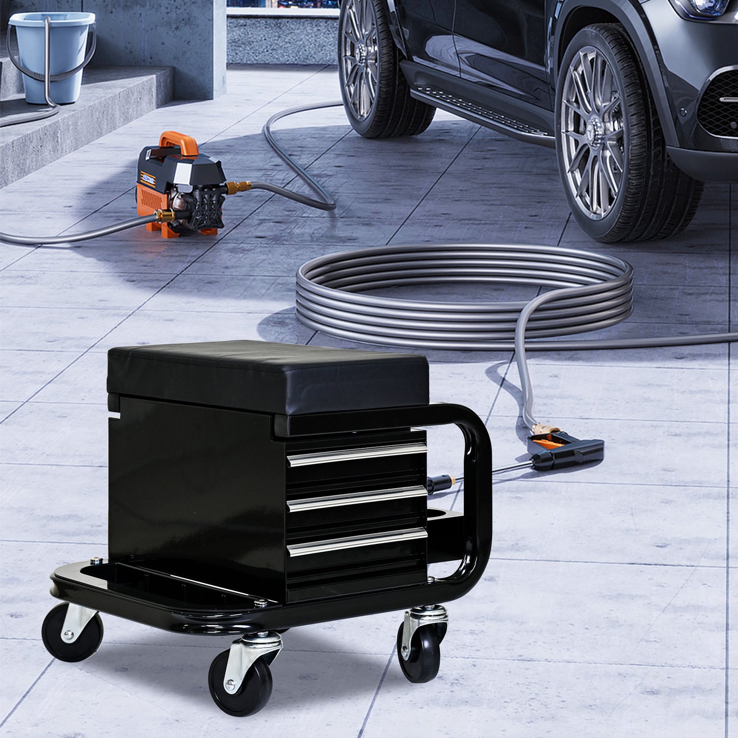 NIGSQJB 3 Drawers Tool Chest Rolling Mechanic Seat 350lbs Capacity