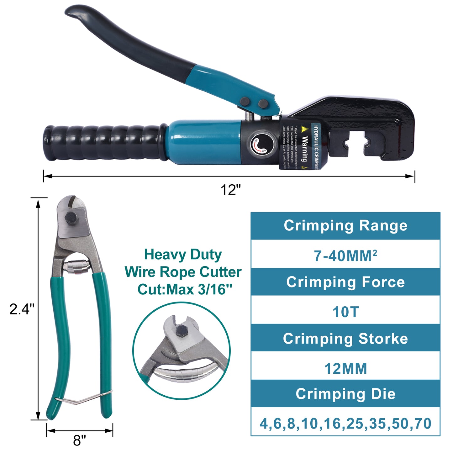NIGSQJB 10T Hydraulic Crimper with 9 Sets Dies 12 AWG to 2/0 AWG