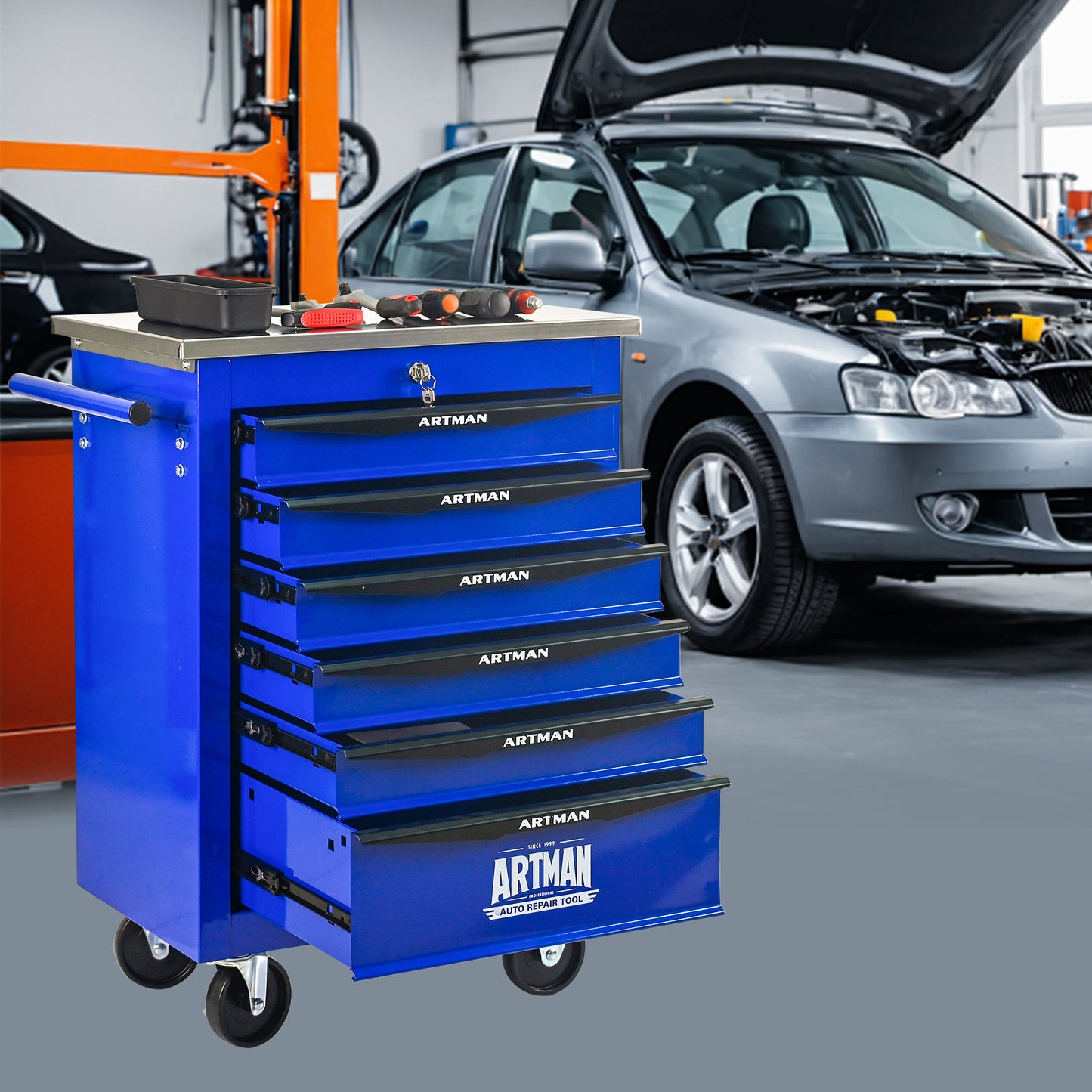 NIGSQJBT 30.7"H Lockable Multifunctional Rolling Tool Chest with 4-5-6-7 Drawers, Blue