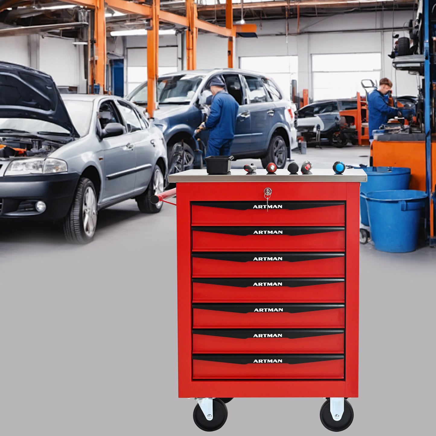 NIGSQJB 30.7"H Multifunctional Rolling Tool Chest with 4-5-6-7 Drawers , Stainless Steel Roof