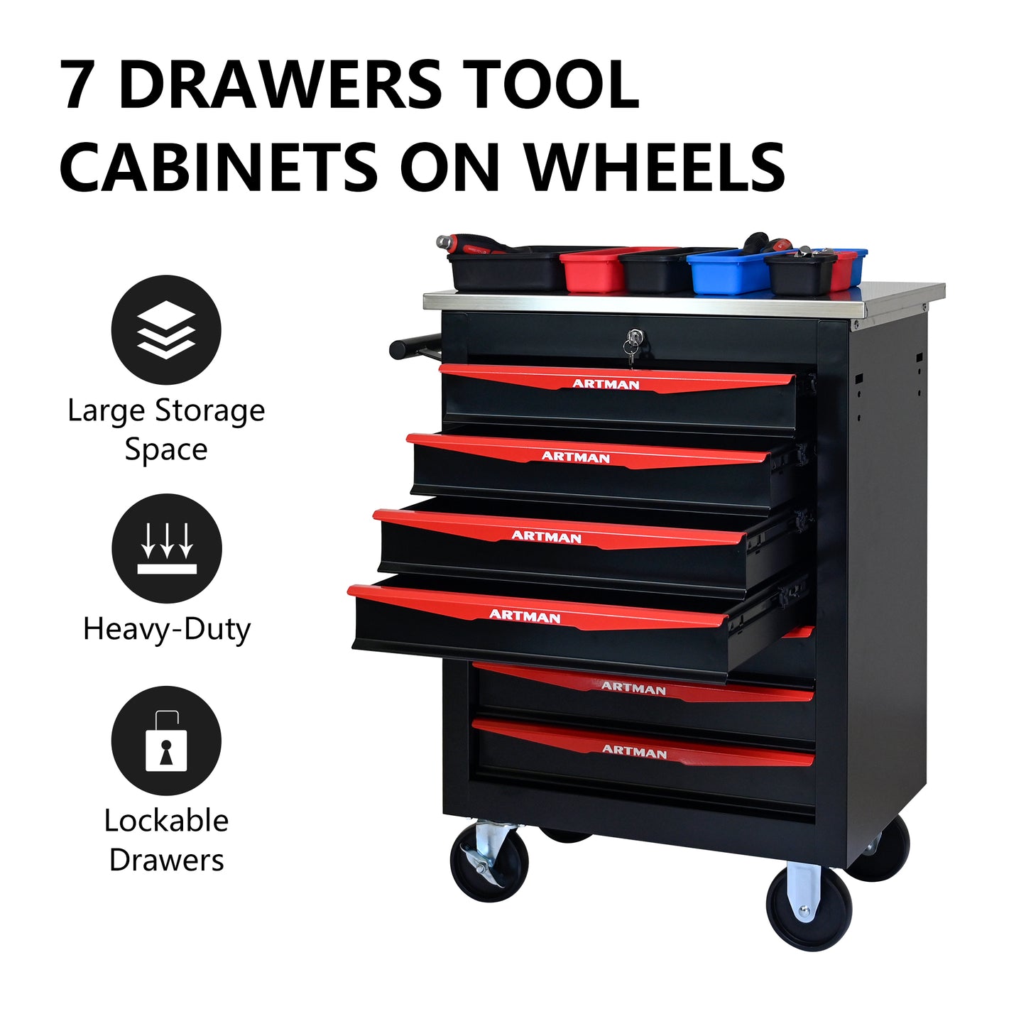NIGSQJB 30.7"H Rolling Tool Chest with 2-4-5-6-7 Drawers, Black Red
