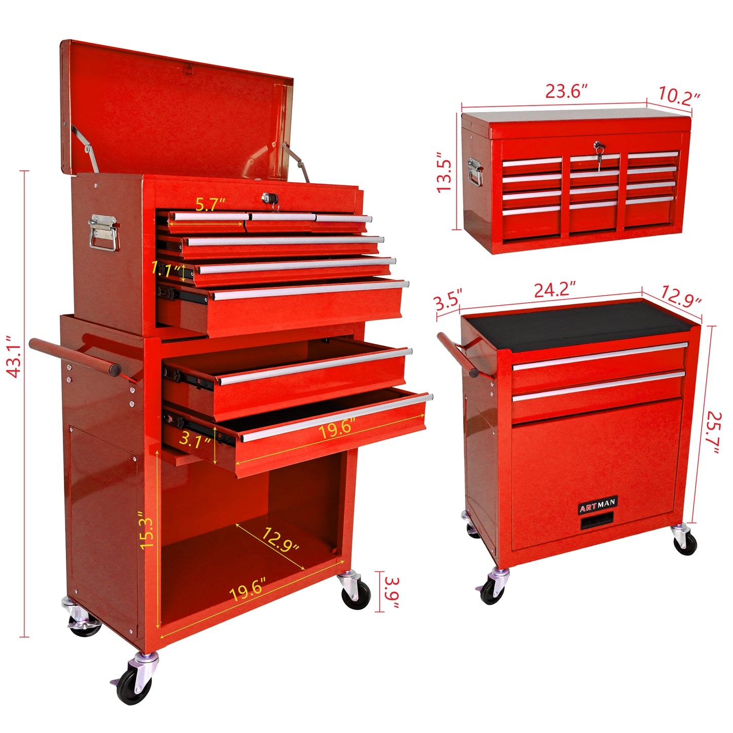NIGSQJB 2-In-1 43.1"H Rolling Tool Chest with 8 Drawers