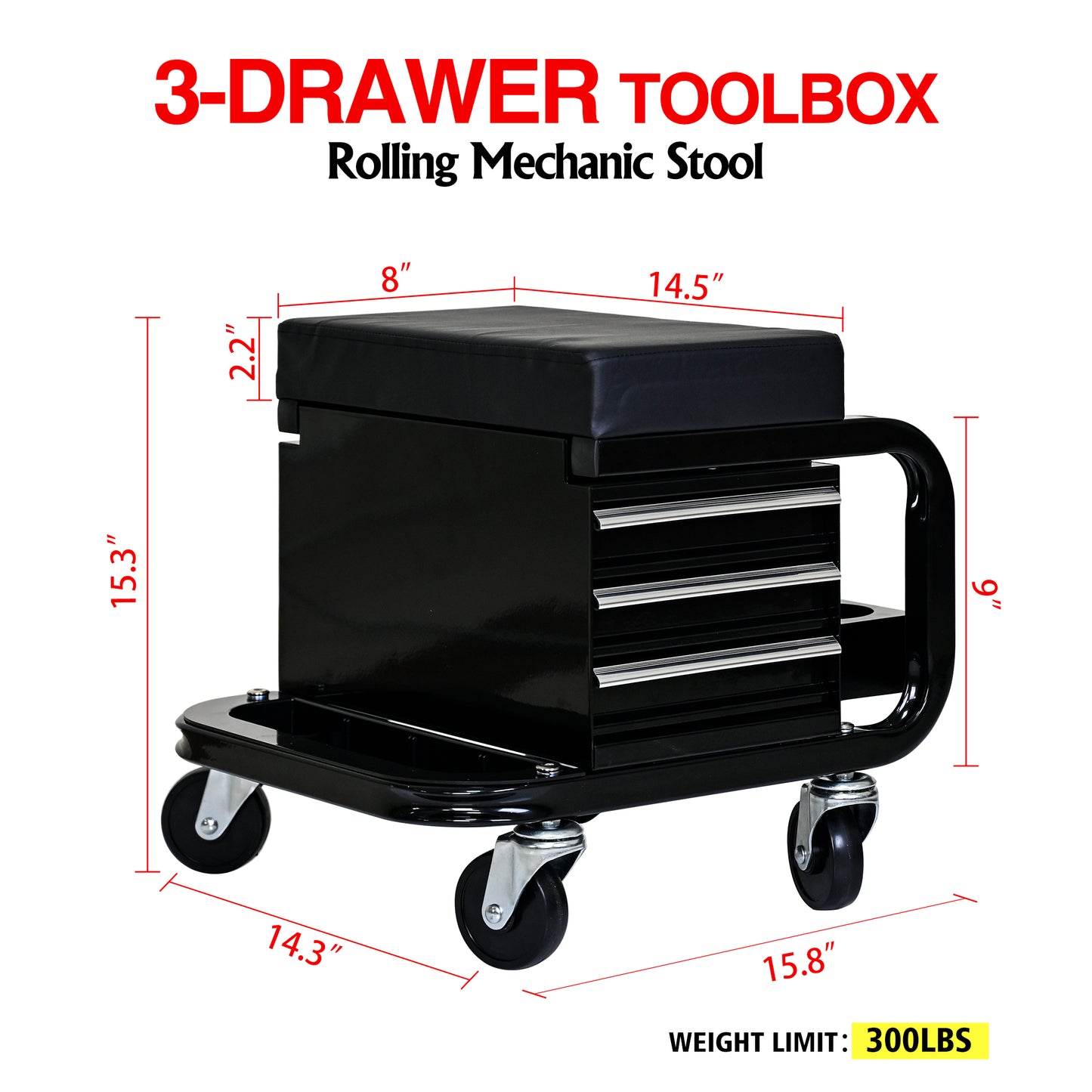 NIGSQJB 3 Drawers Tool Chest Rolling Mechanic Seat 350lbs Capacity