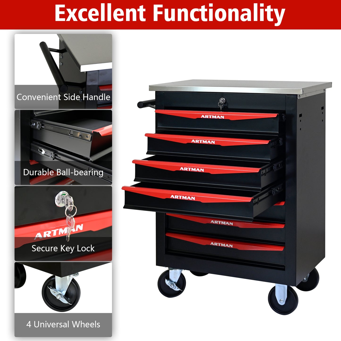NIGSQJB 30.7"H Rolling Tool Chest with 2-4-5-6-7 Drawers, Black Red
