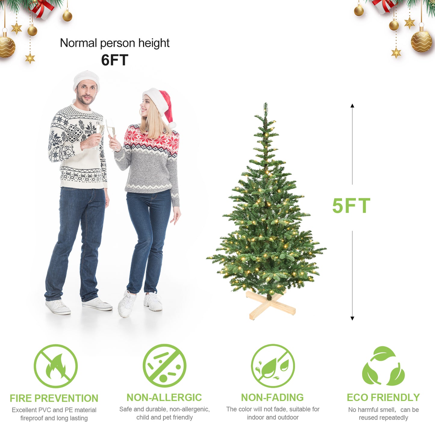 NIGSQJB 5-6-7-8ft Pre-Lit Christmas Tree with Warm White LED & PE+PVC Tips & Unique Wooden Base