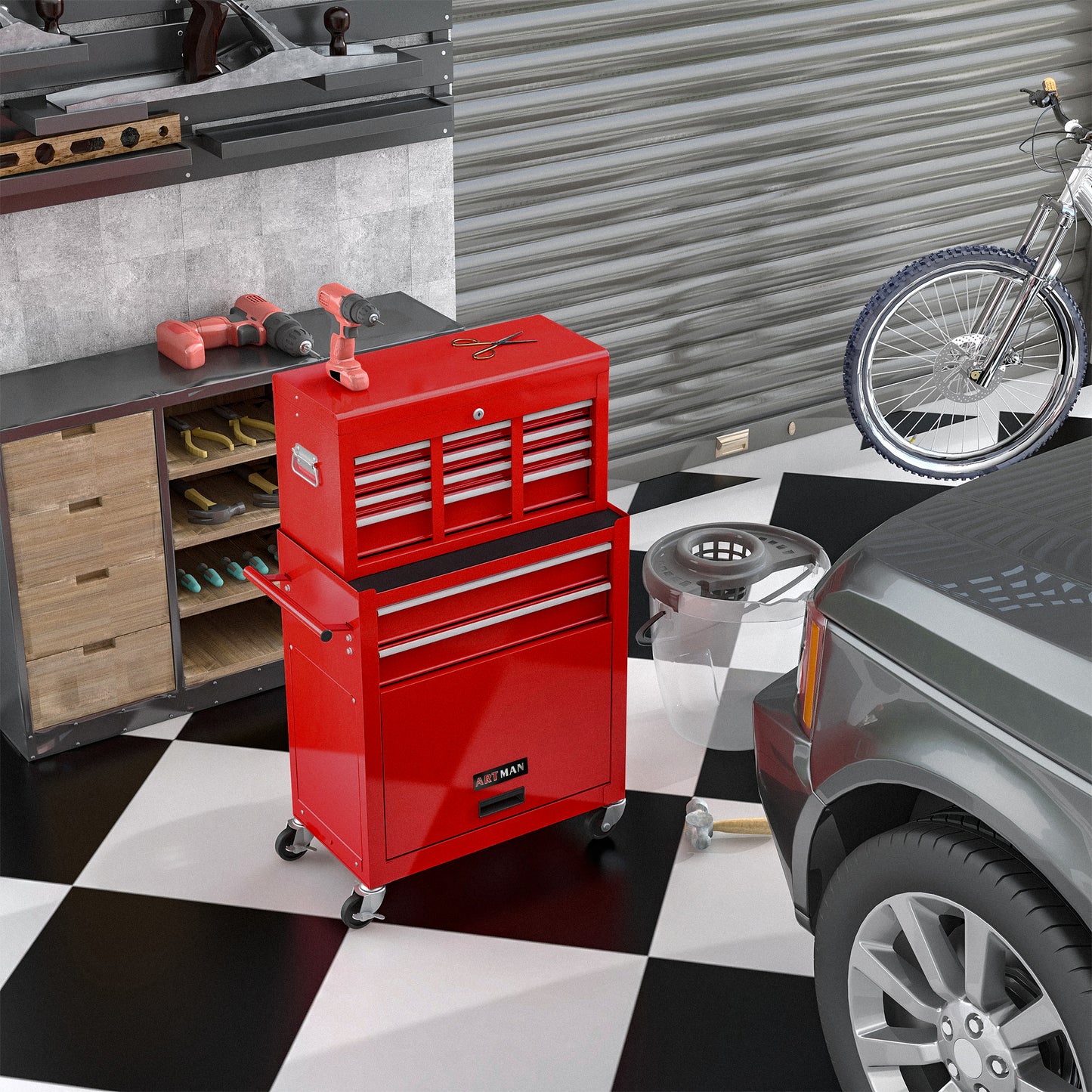 NIGSQJB 2-In-1 43.1"H Rolling Tool Chest with 8 Drawers
