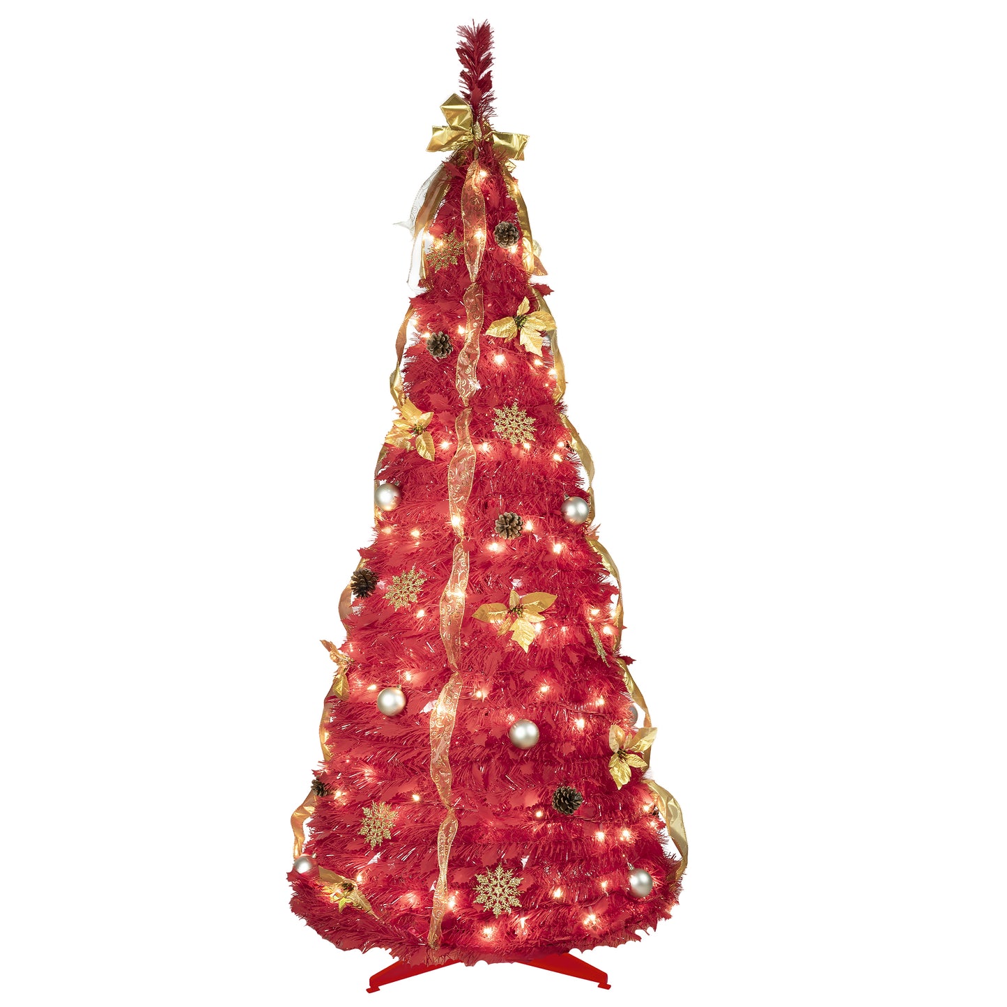 NIGSQJB 6FT Red Pop-Up Christmas Tree with 150 Warm White LED Lights, Ribbons, Bow, Flowers, Snowflakes, Pine Cones & Balls