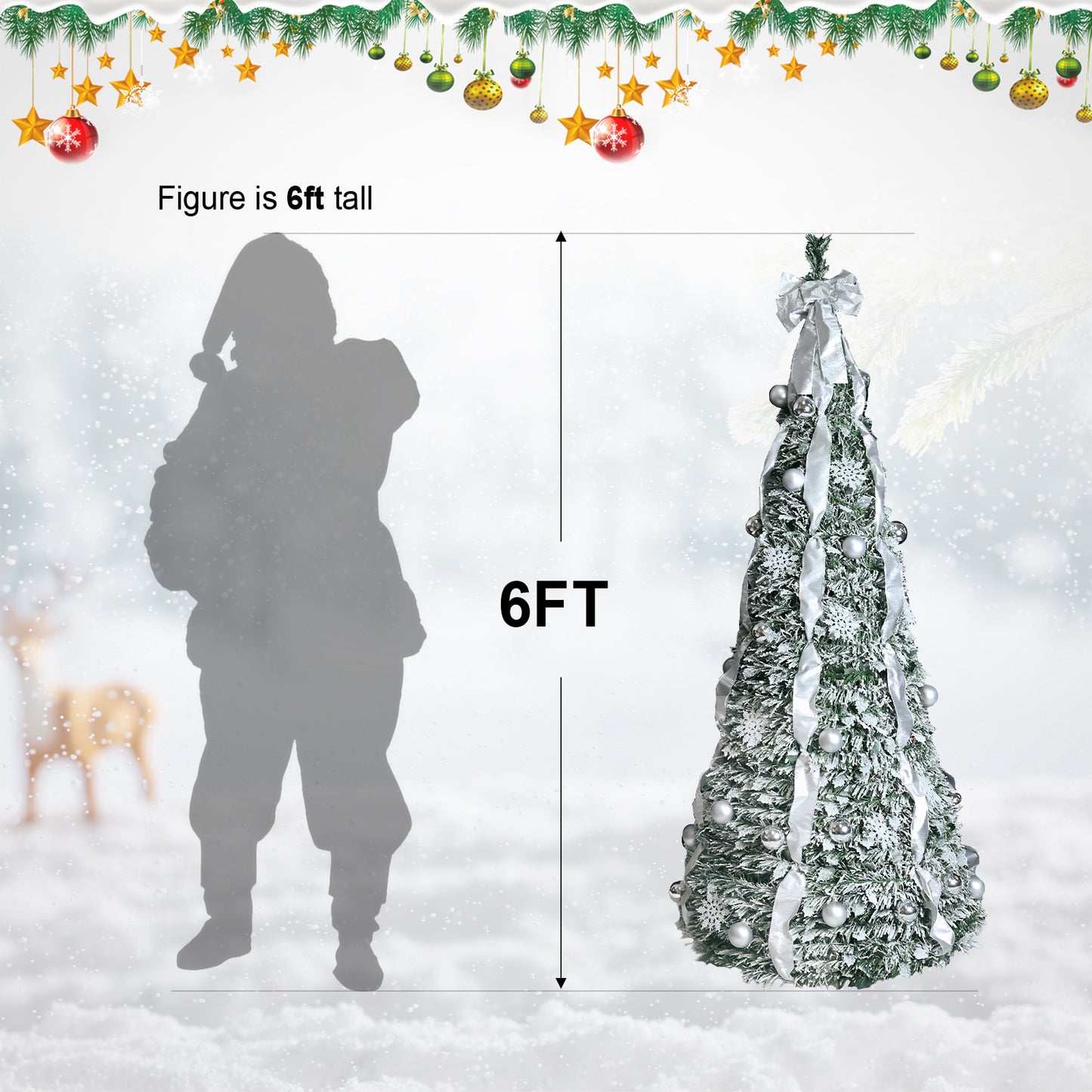 NIGSQJB 7FT Flocked Pop-Up Christmas Tree with 200 Warm White UL Lights, Ornaments, Snowflakes, Ribbons & Large Bow
