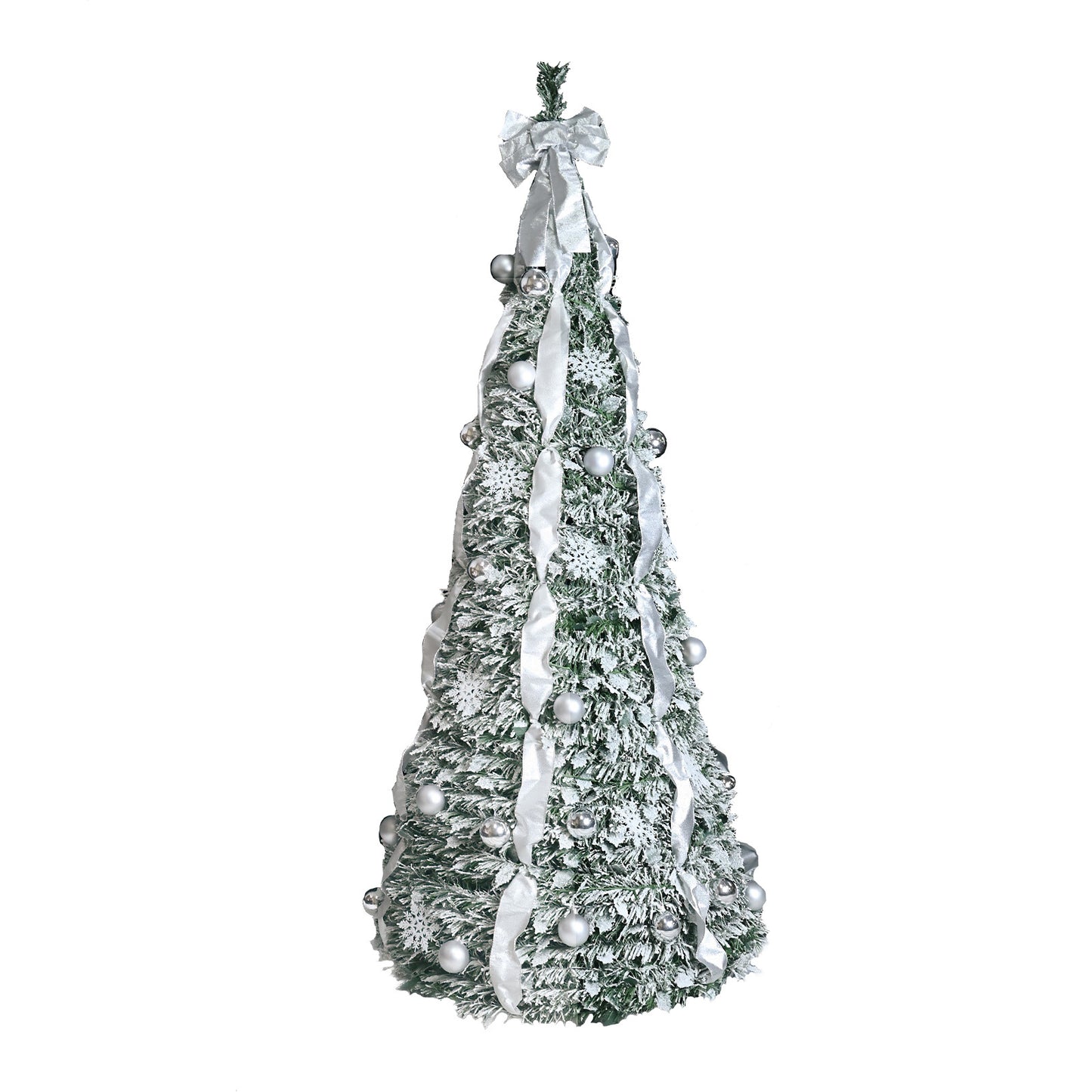 NIGSQJB 7FT Flocked Pop-Up Christmas Tree with 200 Warm White UL Lights, Ornaments, Snowflakes, Ribbons & Large Bow