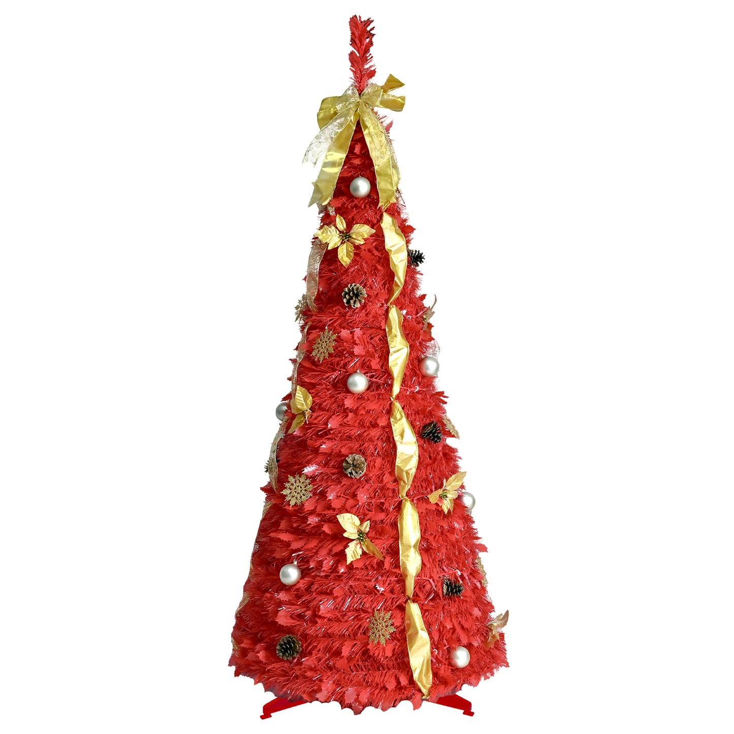 NIGSQJB 6FT Red Pop-Up Christmas Tree with 150 Warm White LED Lights, Ribbons, Bow, Flowers, Snowflakes, Pine Cones & Balls