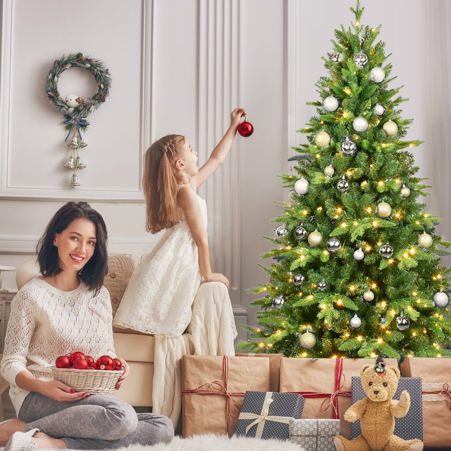 NIGSQJB 5-6-7-8-9ft Pre-Lit Christmas Tree with Warm White LED Lights & Tips