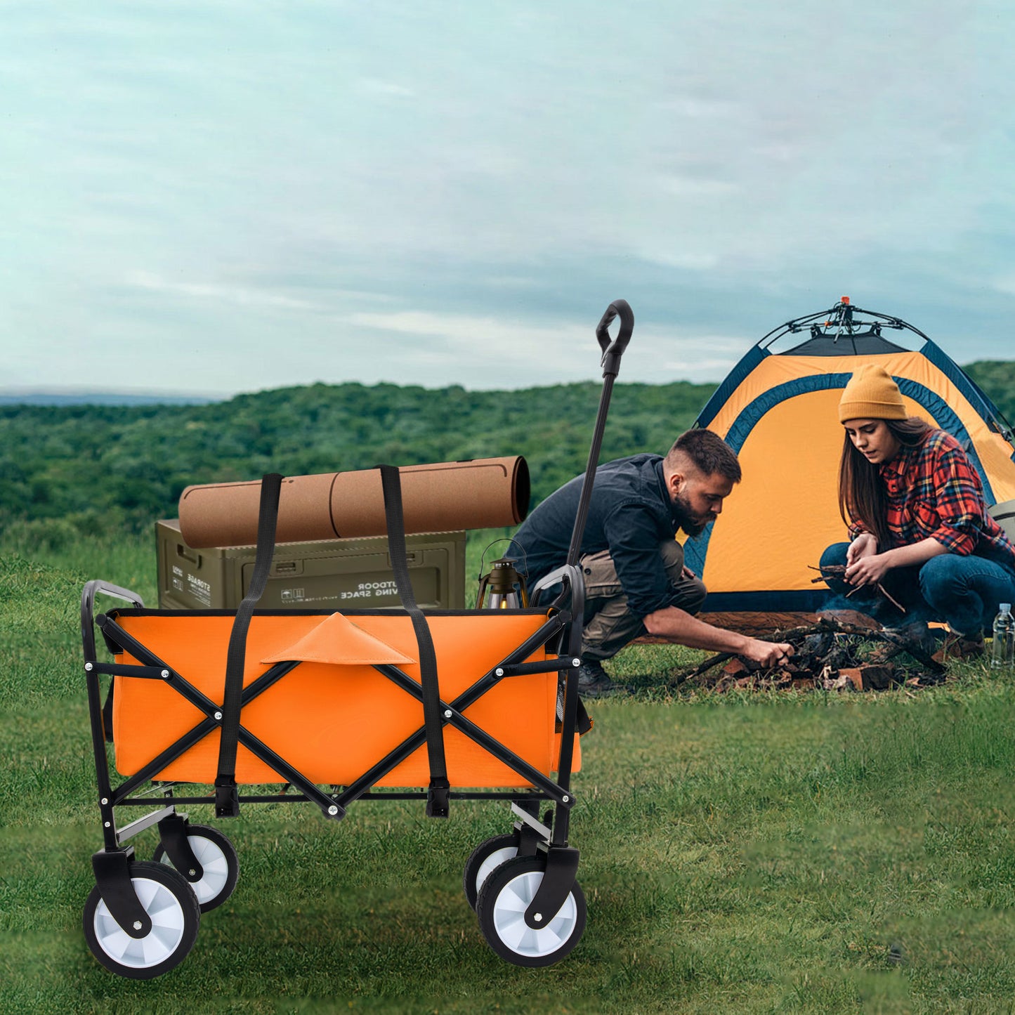 NIGSQJB Heavy Duty Utility Folding Wagon Cart Big Wheels & Adjustable Handle & Drink Holder