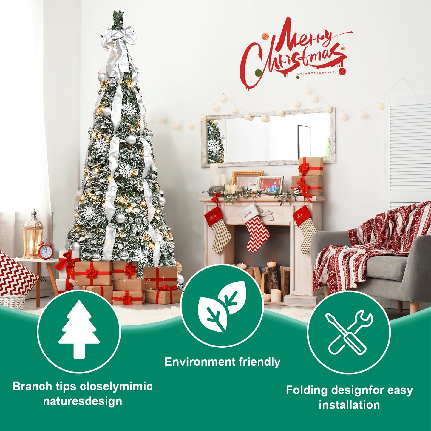 NIGSQJB 7FT Flocked Pop-Up Christmas Tree with 200 Warm White UL Lights, Ornaments, Snowflakes, Ribbons & Large Bow