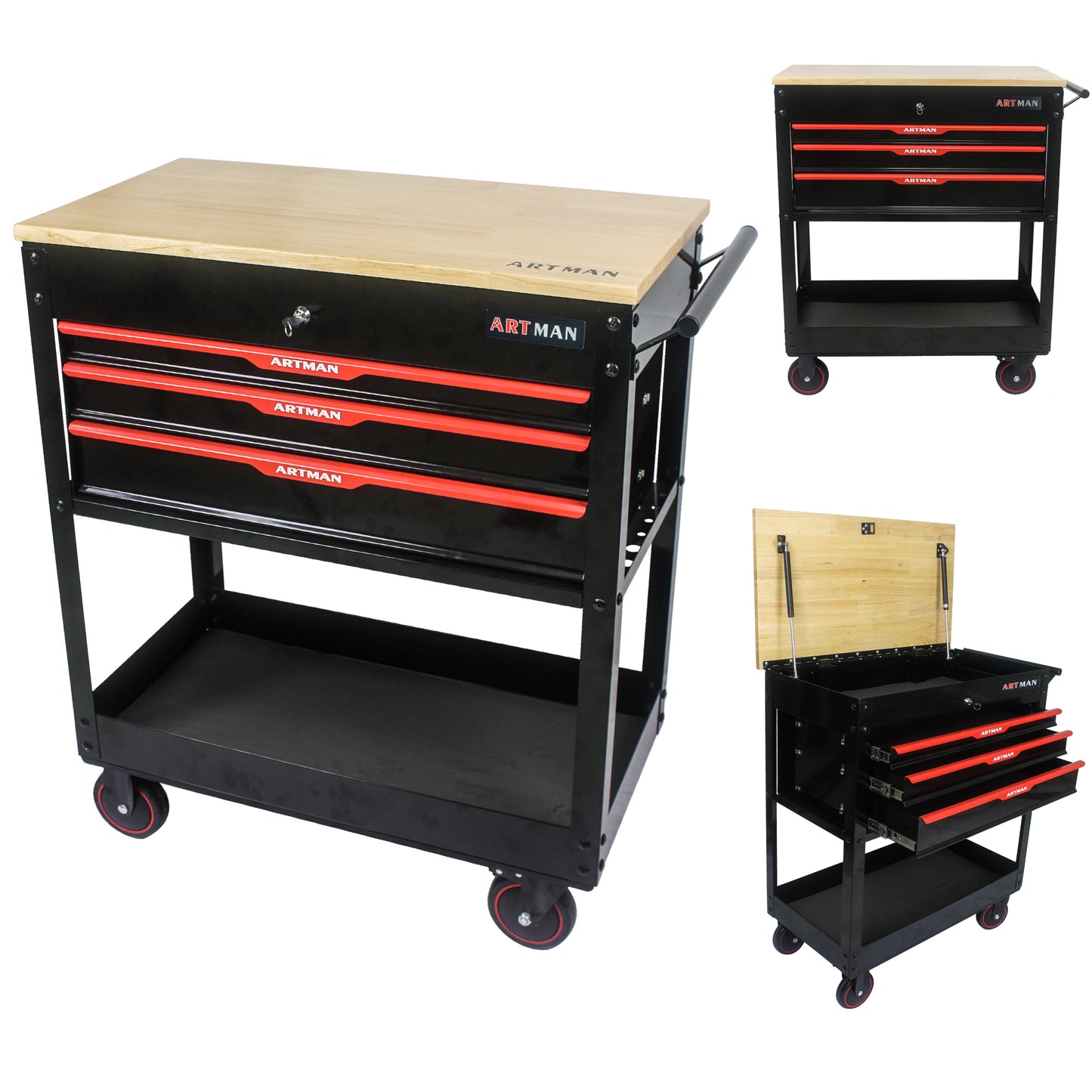 NIGSQJB 3 Drawers Tool Chest on Wheels with Wood Top