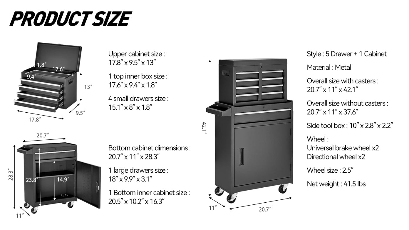 NIGSQJB 2-In-1 Rolling Tool Chest with 5-Drawers