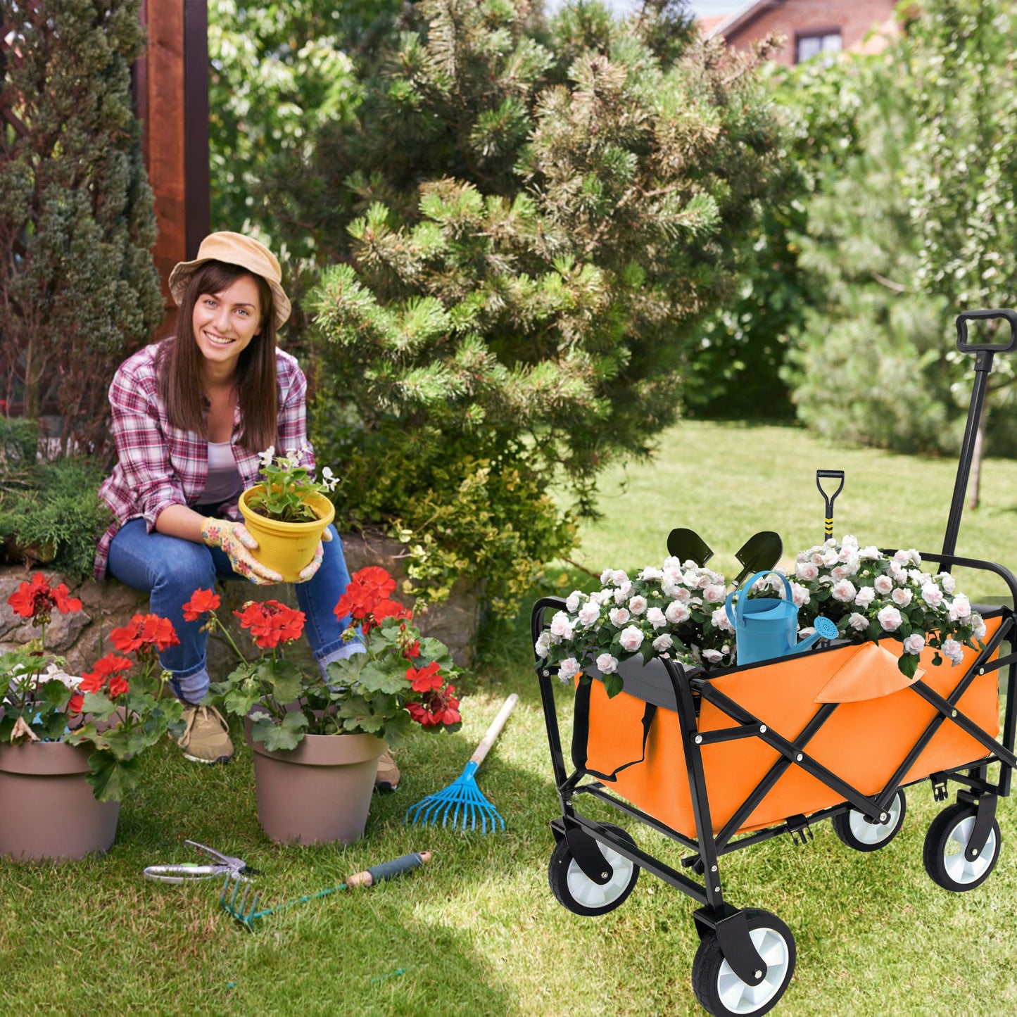 NIGSQJB Heavy Duty Utility Folding Wagon Cart Big Wheels & Adjustable Handle & Drink Holder