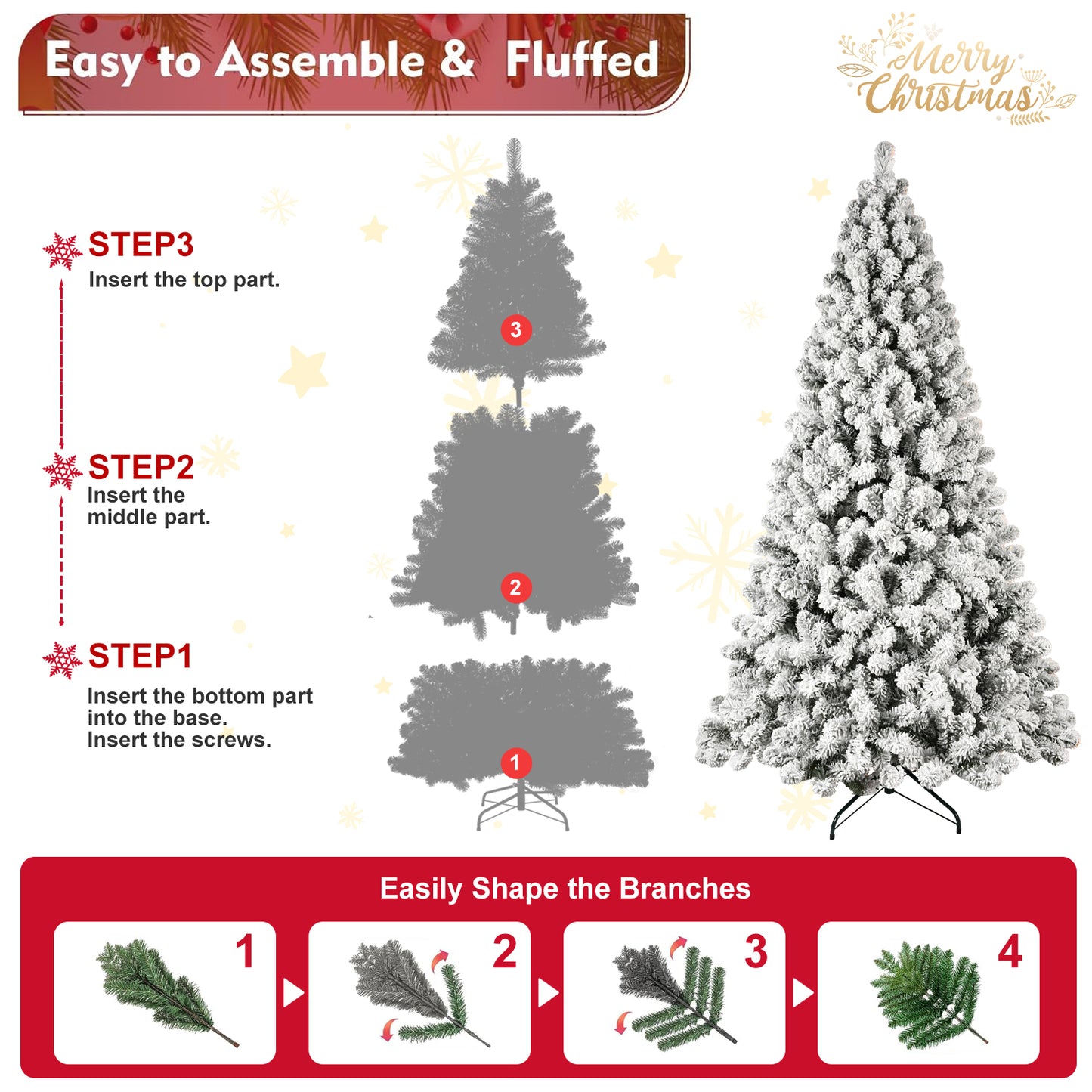 NIGSQJB 5-6-7-8-9ft Flocked Pre-Lit Christmas Tree with UL Warm White Lights & PVC Tips & Auto-Unfold Memory Wire