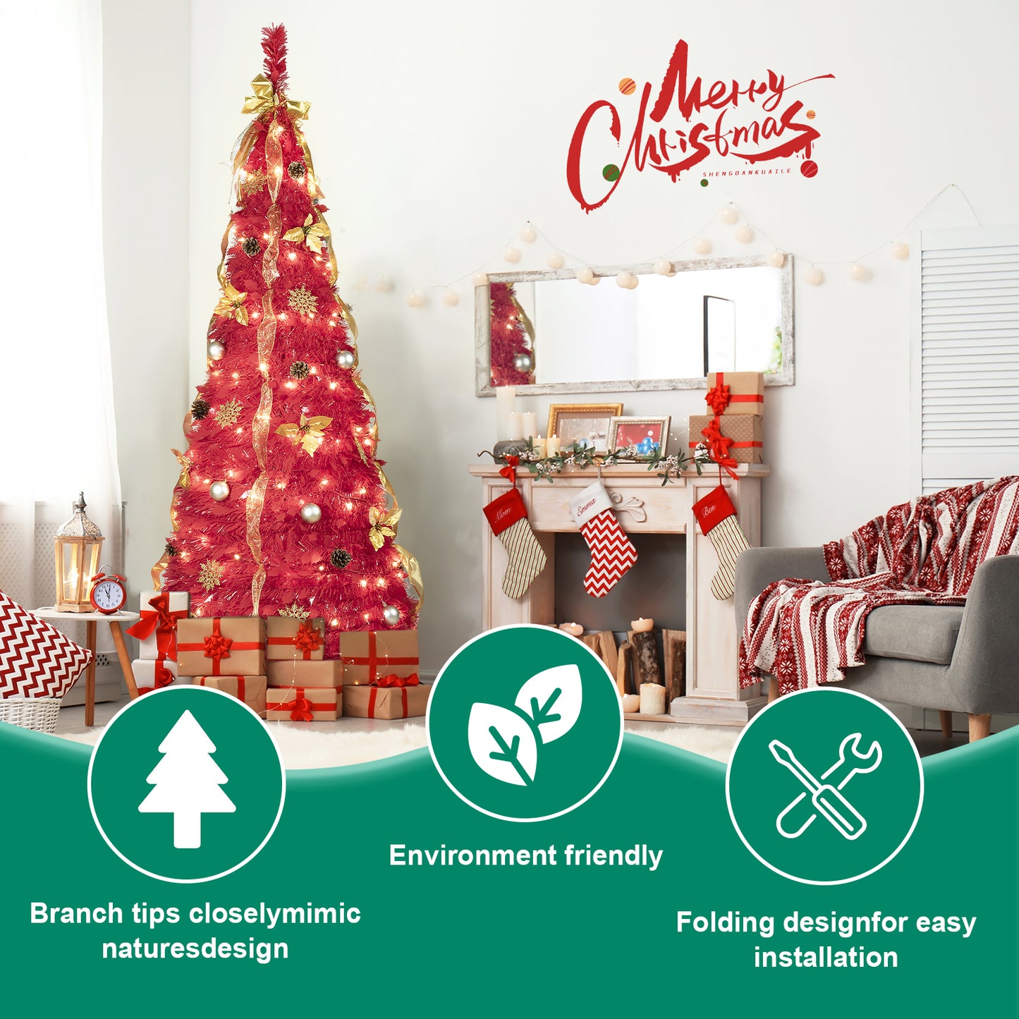 NIGSQJB 6FT Red Pop-Up Christmas Tree with 150 Warm White LED Lights, Ribbons, Bow, Flowers, Snowflakes, Pine Cones & Balls