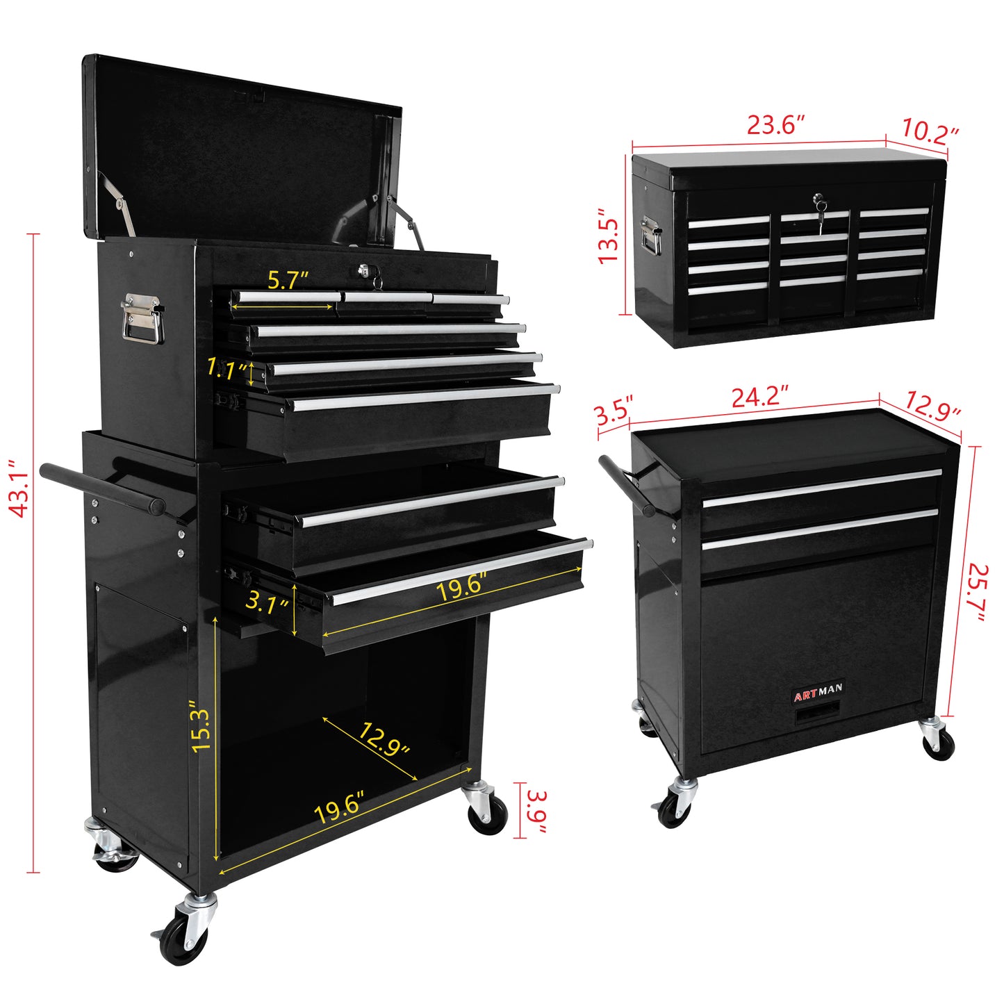 NIGSQJB 2-In-1 43.1"H Rolling Tool Chest with 8 Drawers