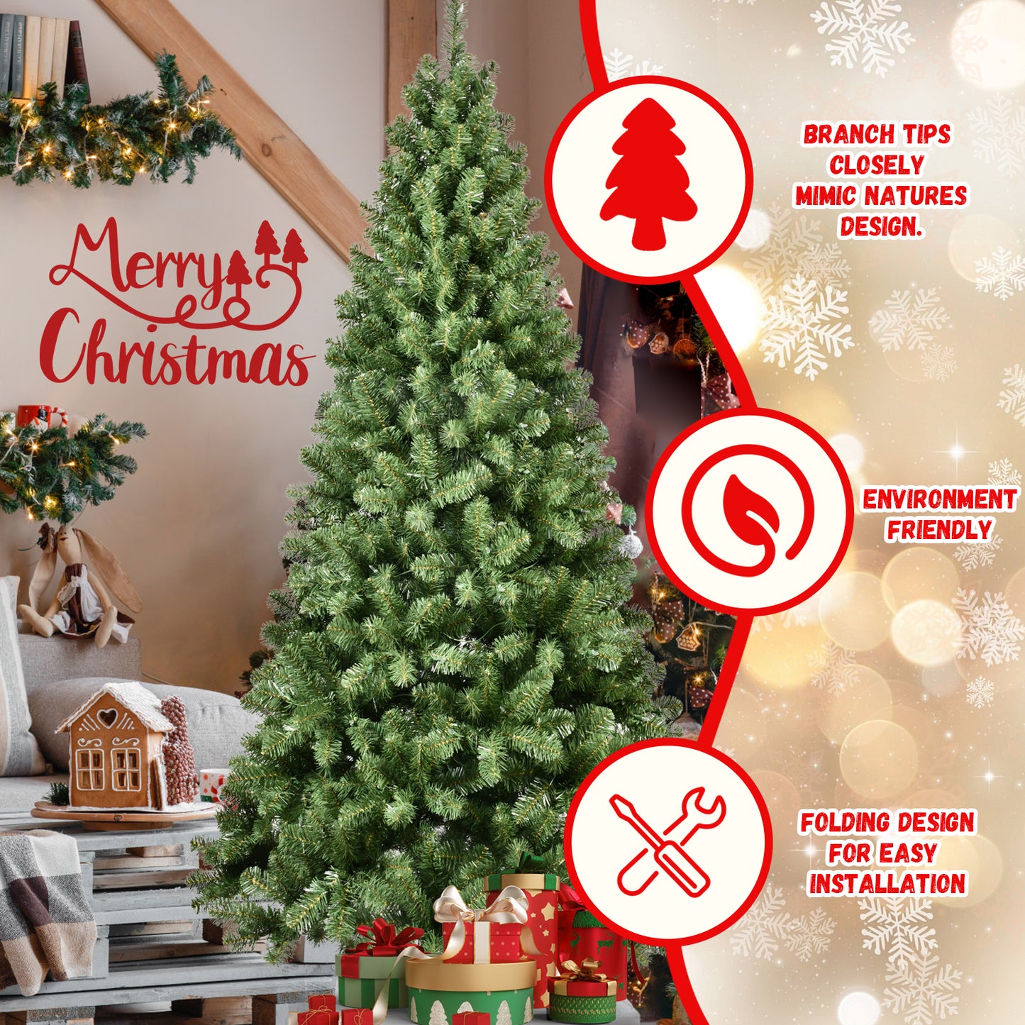 NIGSQJB 5-6-7-8-9ft Pre-Lit PVC Christmas Tree with UL Lights & Tips & Auto-Unfold Memory Wire
