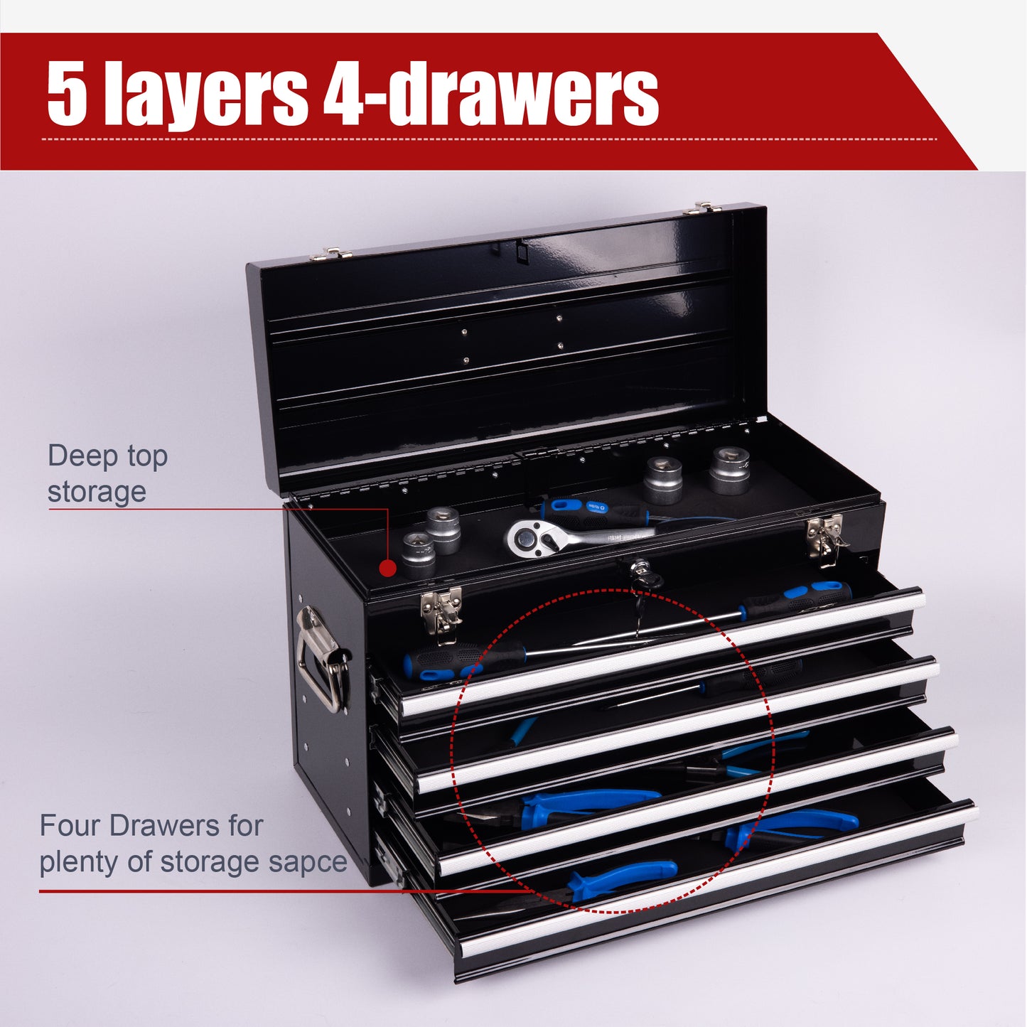 NIGSQJB 20" Portable Metal Tool Box with 5-Layers 4 Drawers,Black