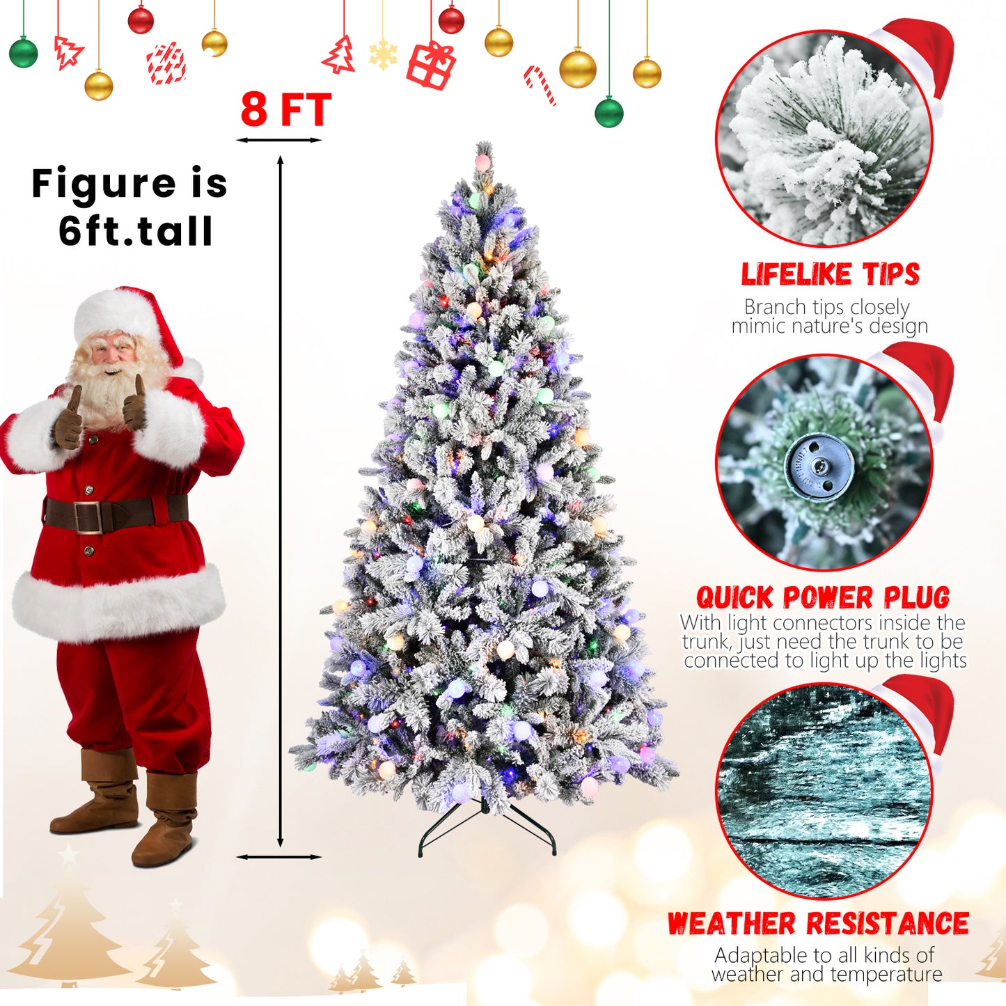 NIGSQJB 7.5-8ft Flocked Christmas Tree with Colorful LED Lights G5 Ball