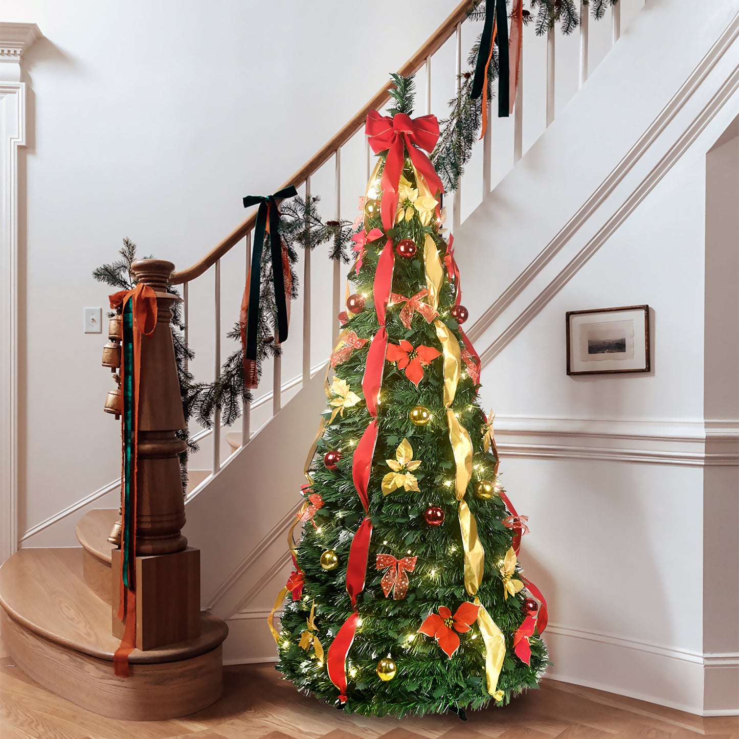 NIGSQJB 6FT Pop-Up Christmas Tree with 150 Warm White UL Lights, Red & Gold Ornaments, Flowers, Ribbons & Bows