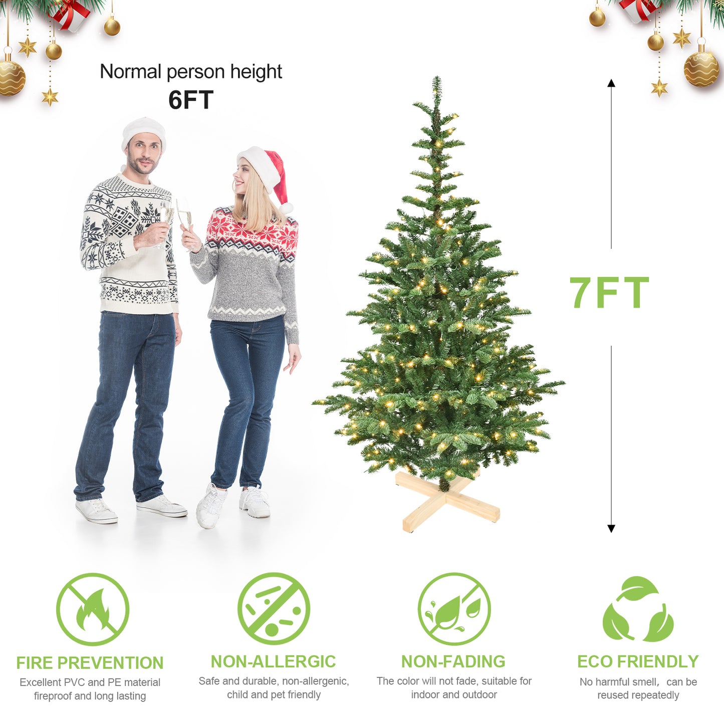 NIGSQJB 5-6-7-8ft Pre-Lit Christmas Tree with Warm White LED & PE+PVC Tips & Unique Wooden Base