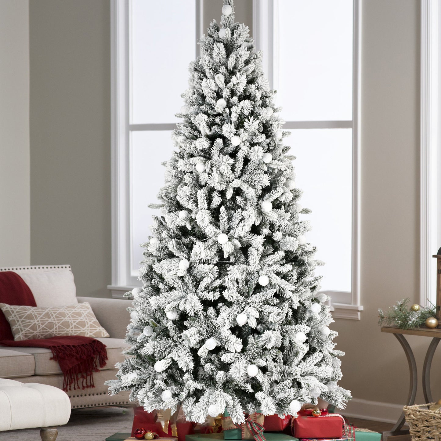 NIGSQJB 7.5-8ft Flocked Christmas Tree with Colorful LED Lights G5 Ball