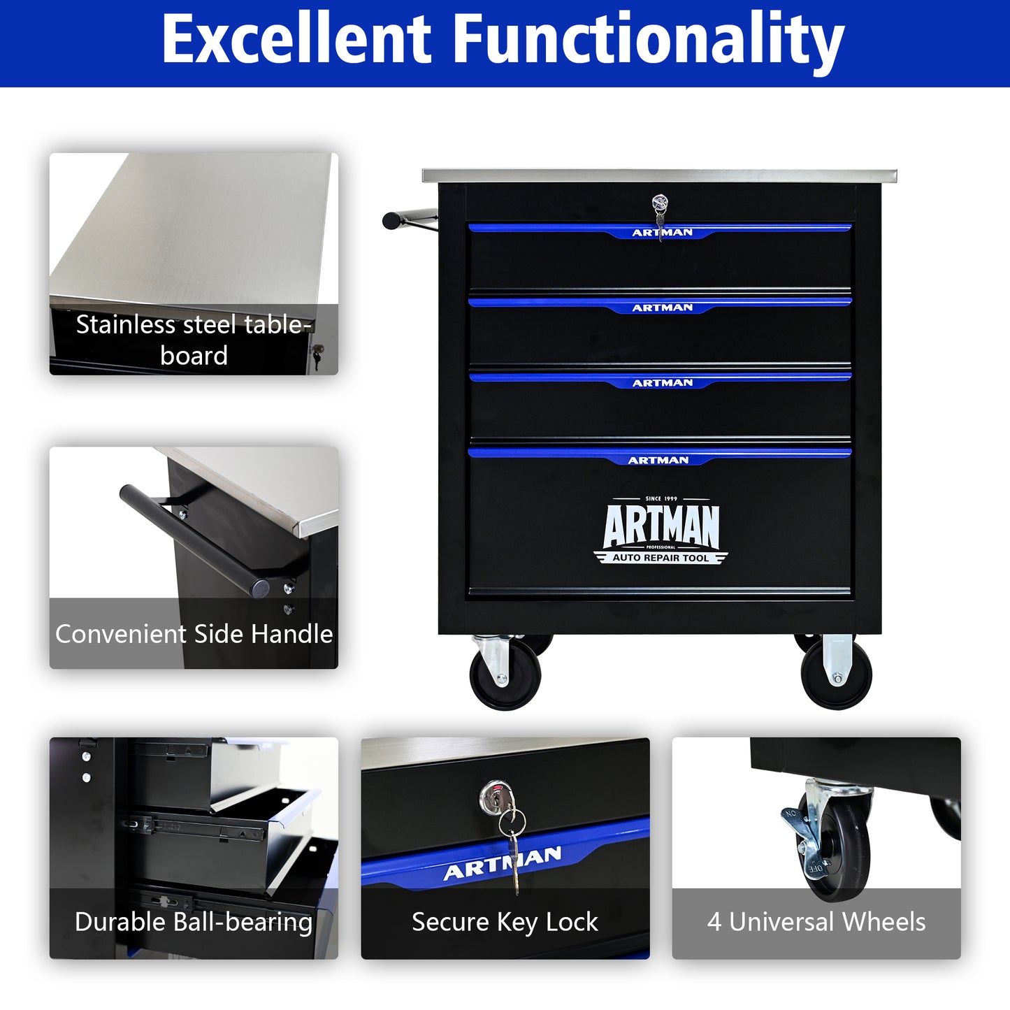 NIGSQJB 30.7"H Lockable Rolling Tool Chest with 2-4-5-6-7 Drawers, Black Blue
