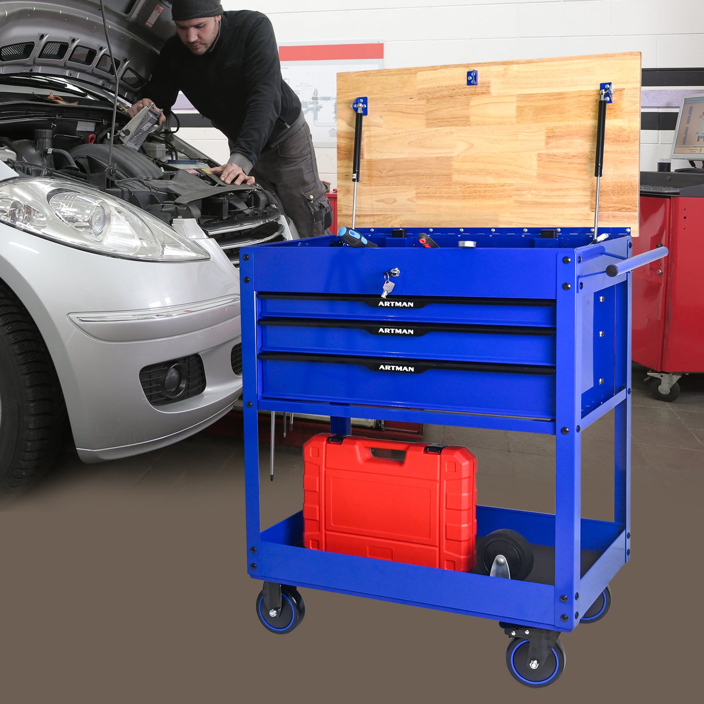 NIGSQJB 3 Drawers Tool Chest on Wheels with Wood Top