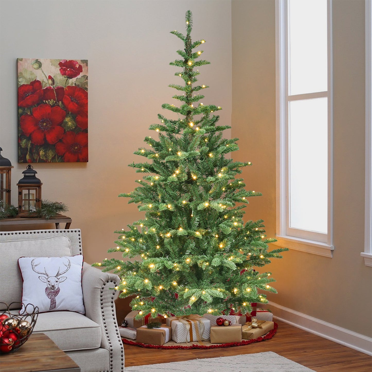 NIGSQJB 5-6-7-8ft Pre-Lit Christmas Tree with Warm White LED & PE+PVC Tips & Unique Wooden Base
