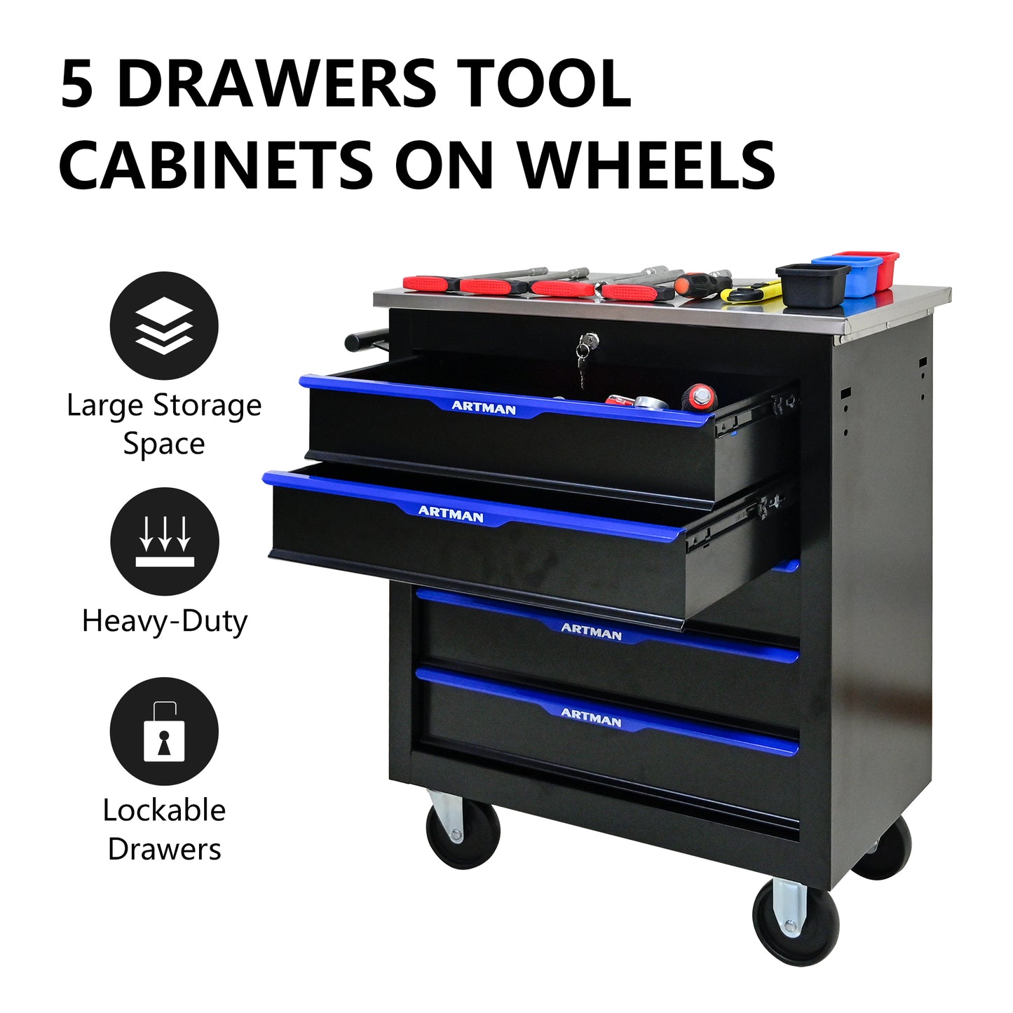 NIGSQJB 30.7"H Lockable Rolling Tool Chest with 2-4-5-6-7 Drawers, Black Blue