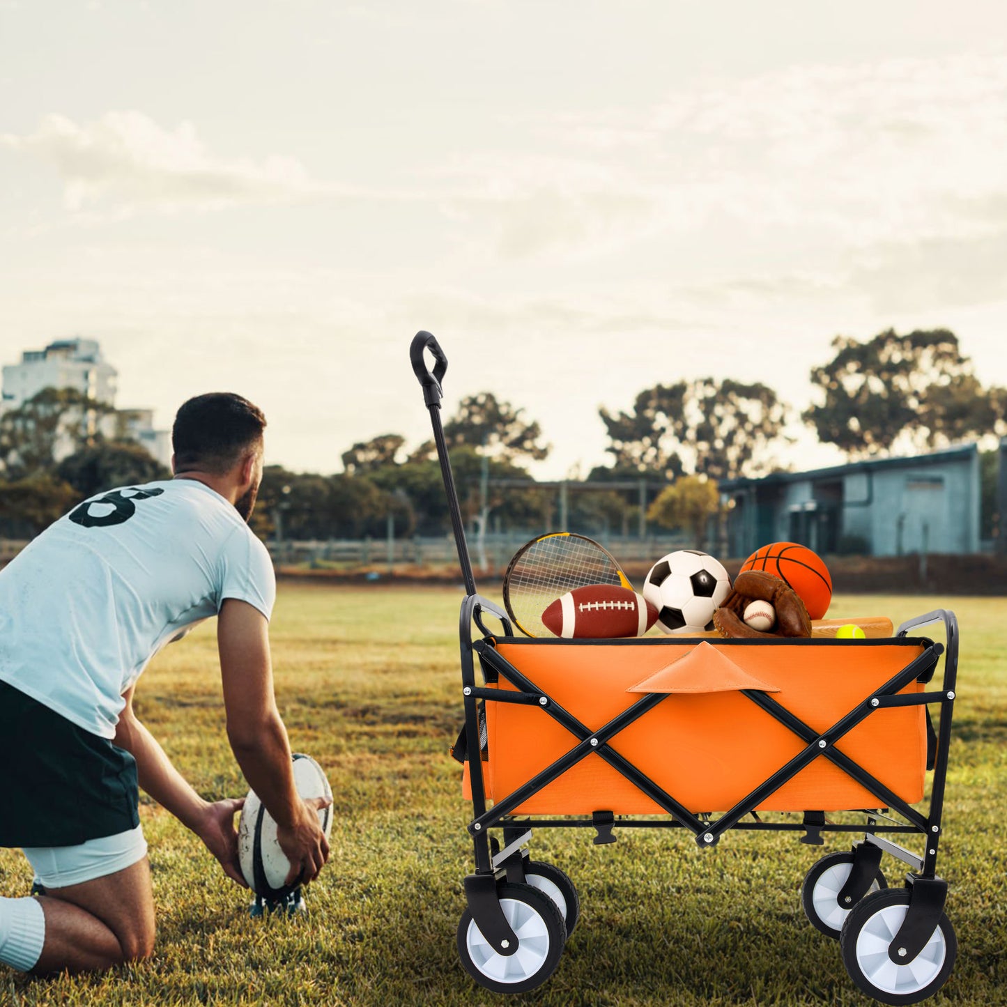 NIGSQJB Heavy Duty Utility Folding Wagon Cart Big Wheels & Adjustable Handle & Drink Holder