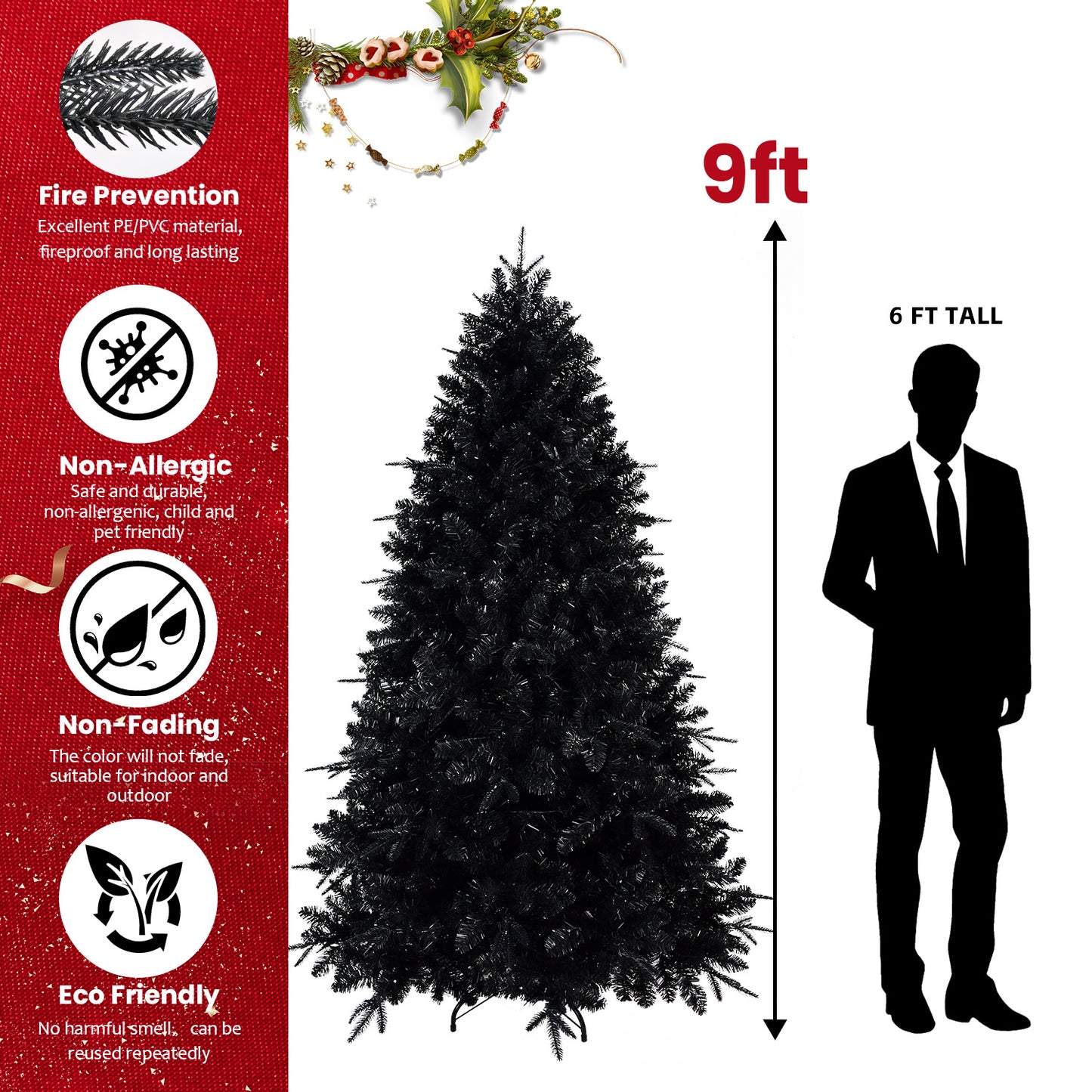 NIGSQJB 4-5-6-7-7.5-8-9ft Black Christmas Tree with White LED Lights