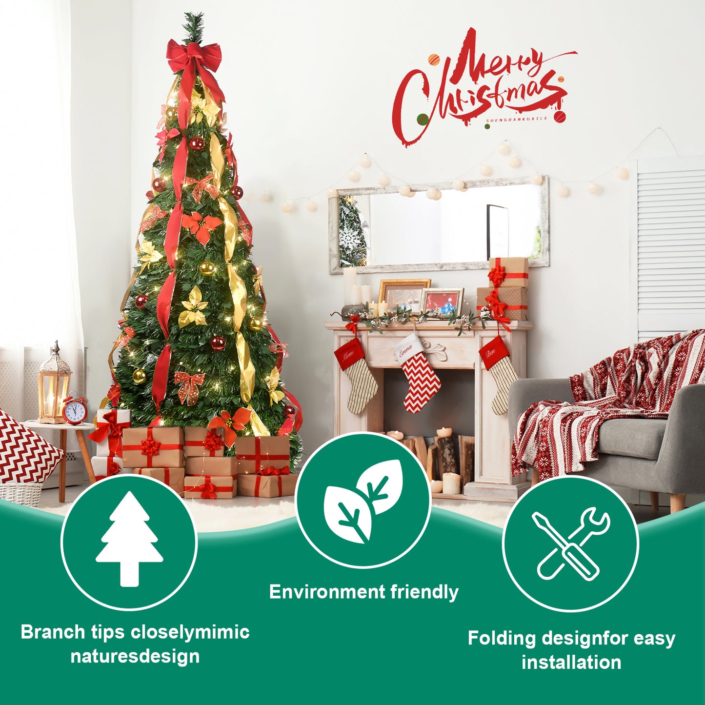 NIGSQJB 6FT Pop-Up Christmas Tree with 150 Warm White UL Lights, Red & Gold Ornaments, Flowers, Ribbons & Bows